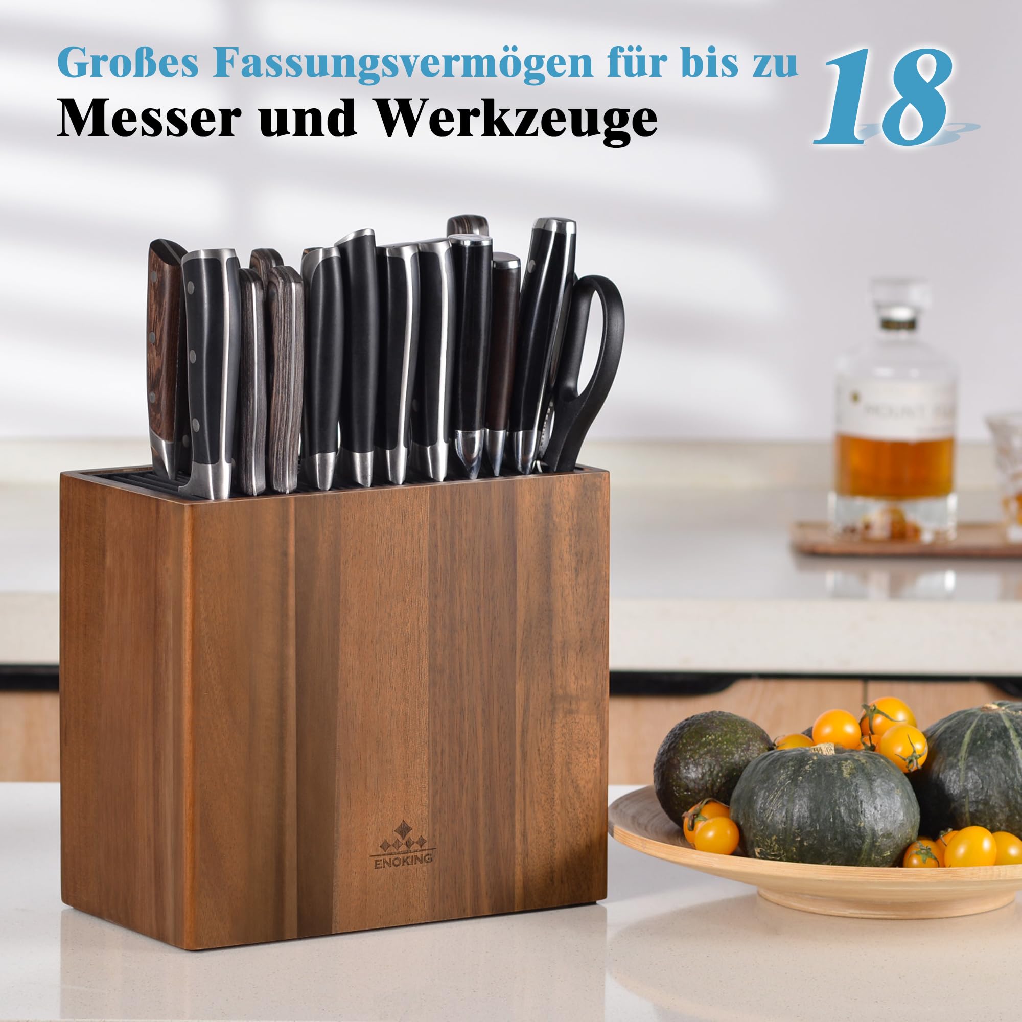 ENOKING Messerblock ohne Messer aus Akazienholz, Universal Messerblock mit Kunststoffdeckel, Hochwertiges Messerhalter für Messer und Geflügelschere/Wetzstahl