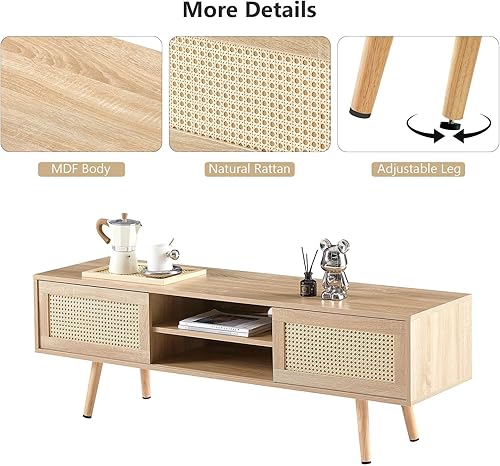 Miniatura 3 de madeslves Soporte de TV para TV de más de 65 pulgadas, soporte con puertas correderas de ratán natural y estante ajustable, centro de