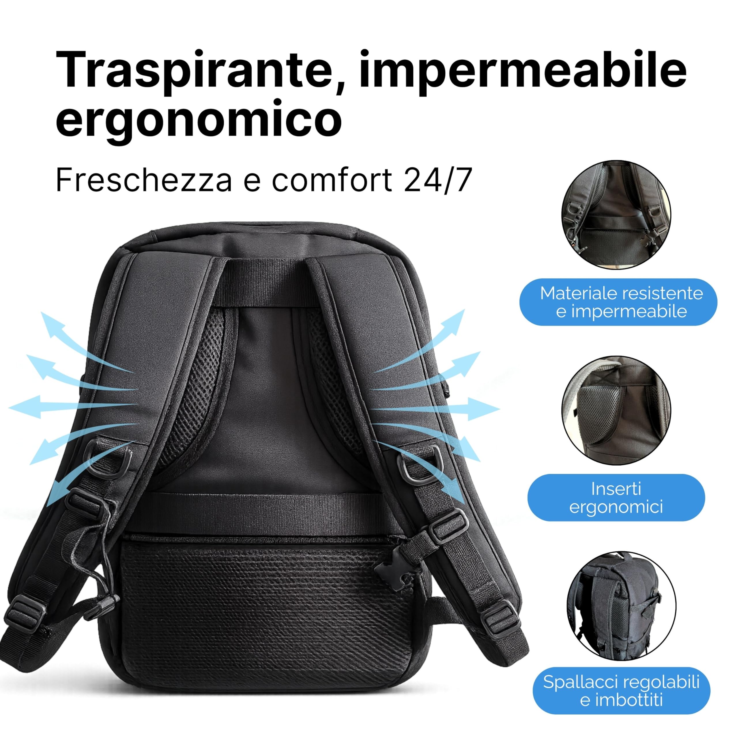 Zaino Ryanair 40x30x20 da Cabina Bagaglio a Mano 24L Porta PC Portatile Impermeabile con Lucchetto e Caricatore USB
