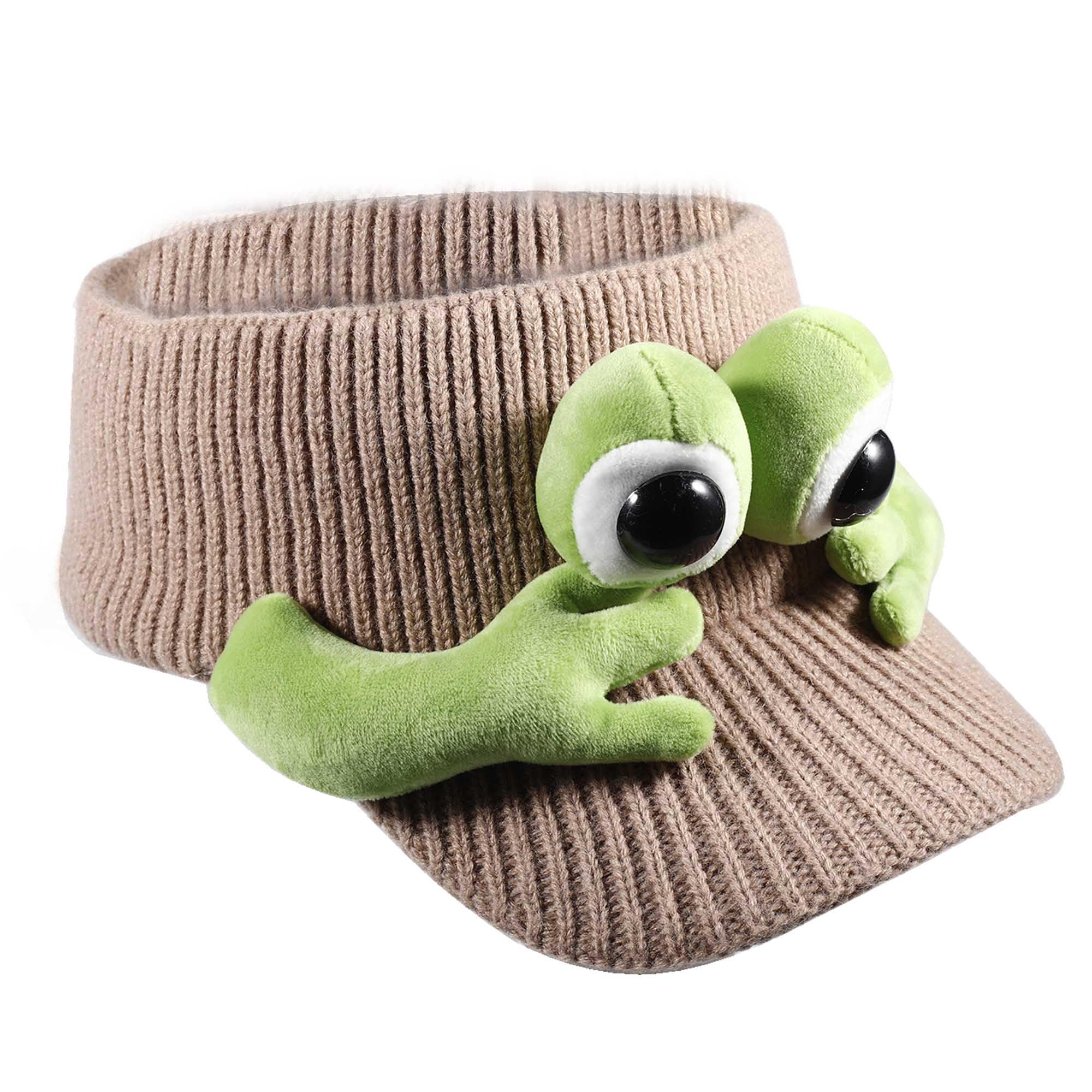 Knitted Baseball Cap Earband Headband Hat Cute Green Frog Autumn Winter Women's Knitted Warm Hollow Cap (Coffee)