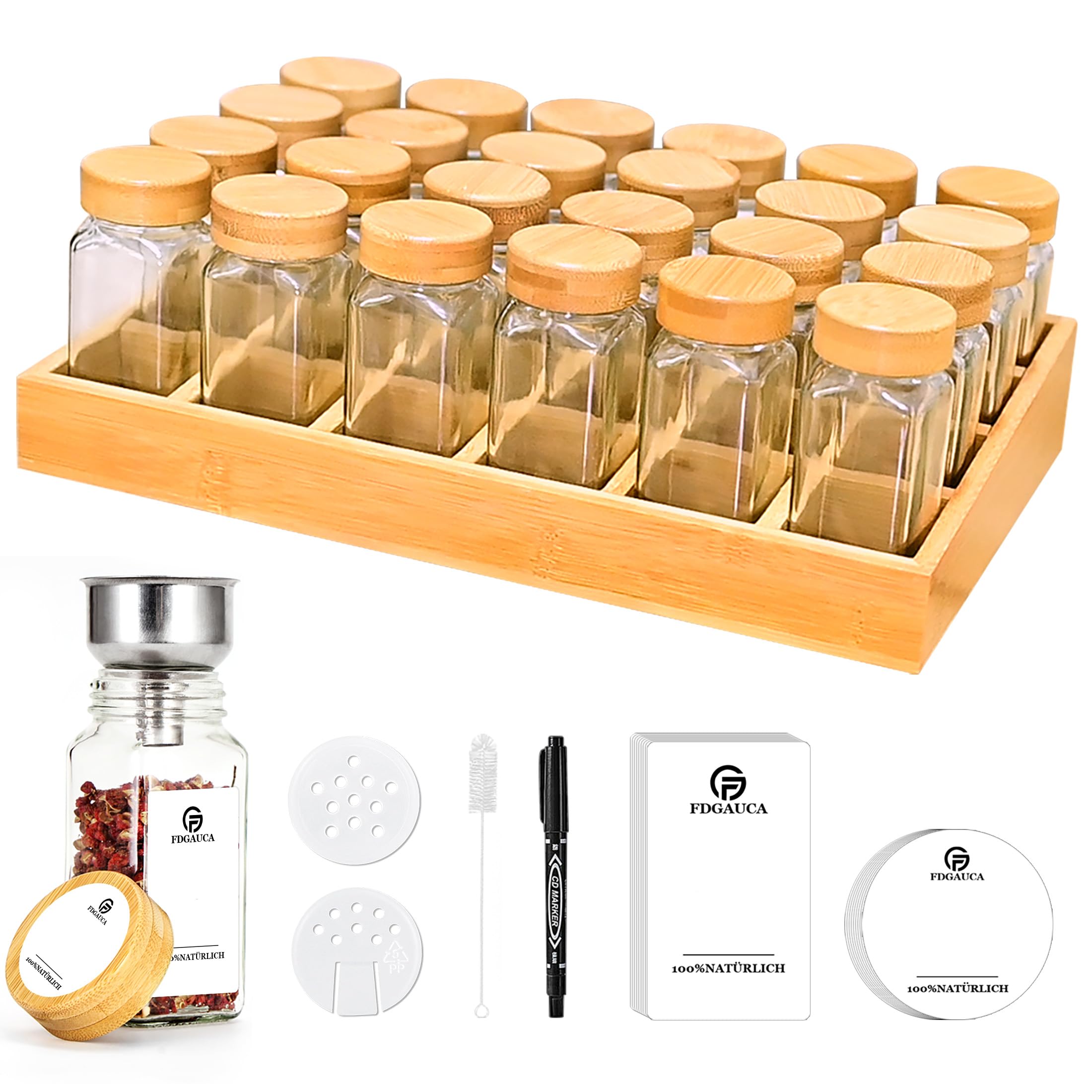 Umweltfreundliches Gewürzregale Holz mit 24 Bambusfächern | 24 120ml-Gewürzgläser Drawer Organizer | Gewürzregal mit Gläsern Gewürzetiketten | Gewürzregal Stehend | Gewürz Organizer