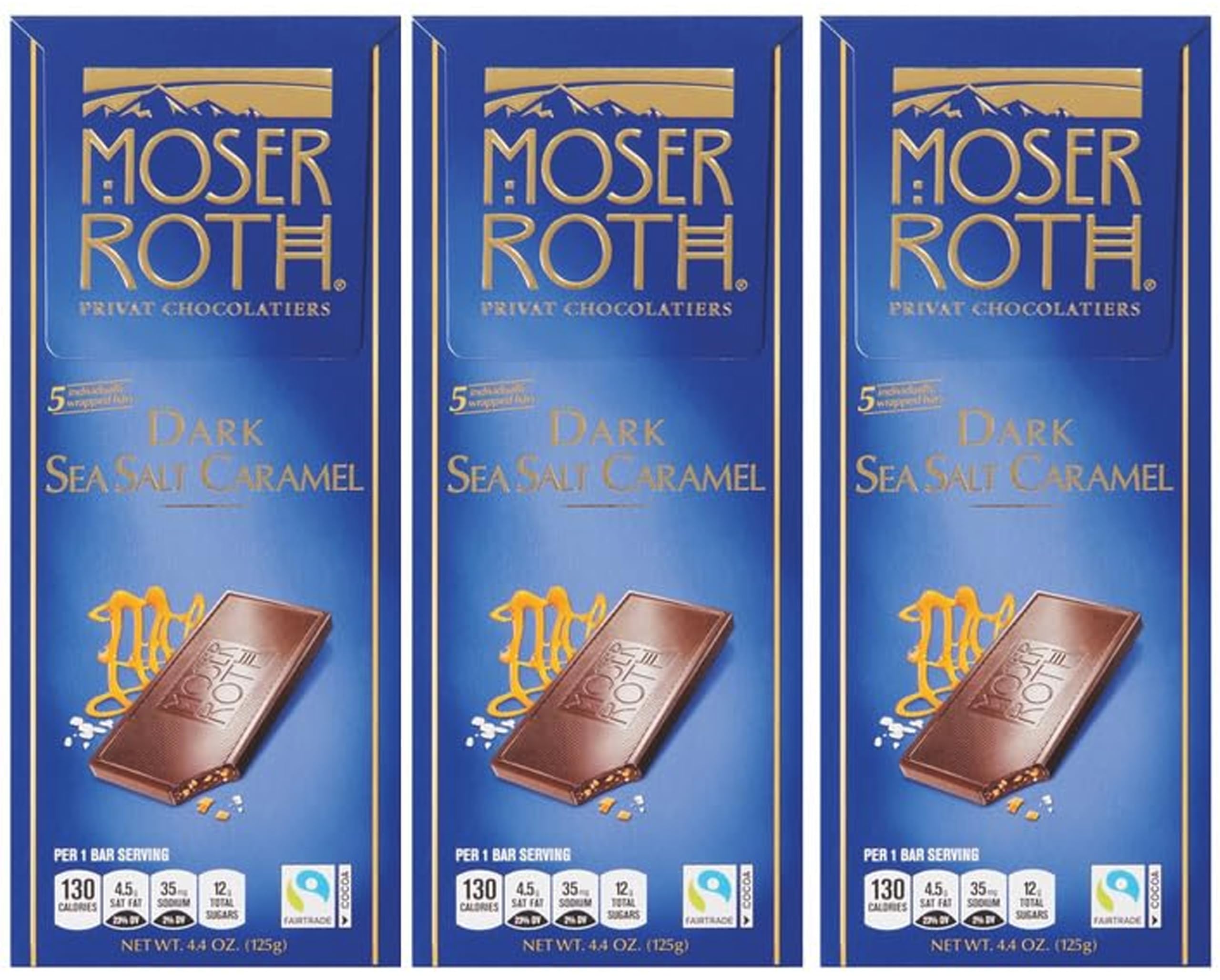 Roth Moser Sea Salt & Caramel Dark German European Cacao Bar, 4.4oz, Individually Wrapped Dark Chocolate Squares, Gift Giving Snack Treat, 3 Pack