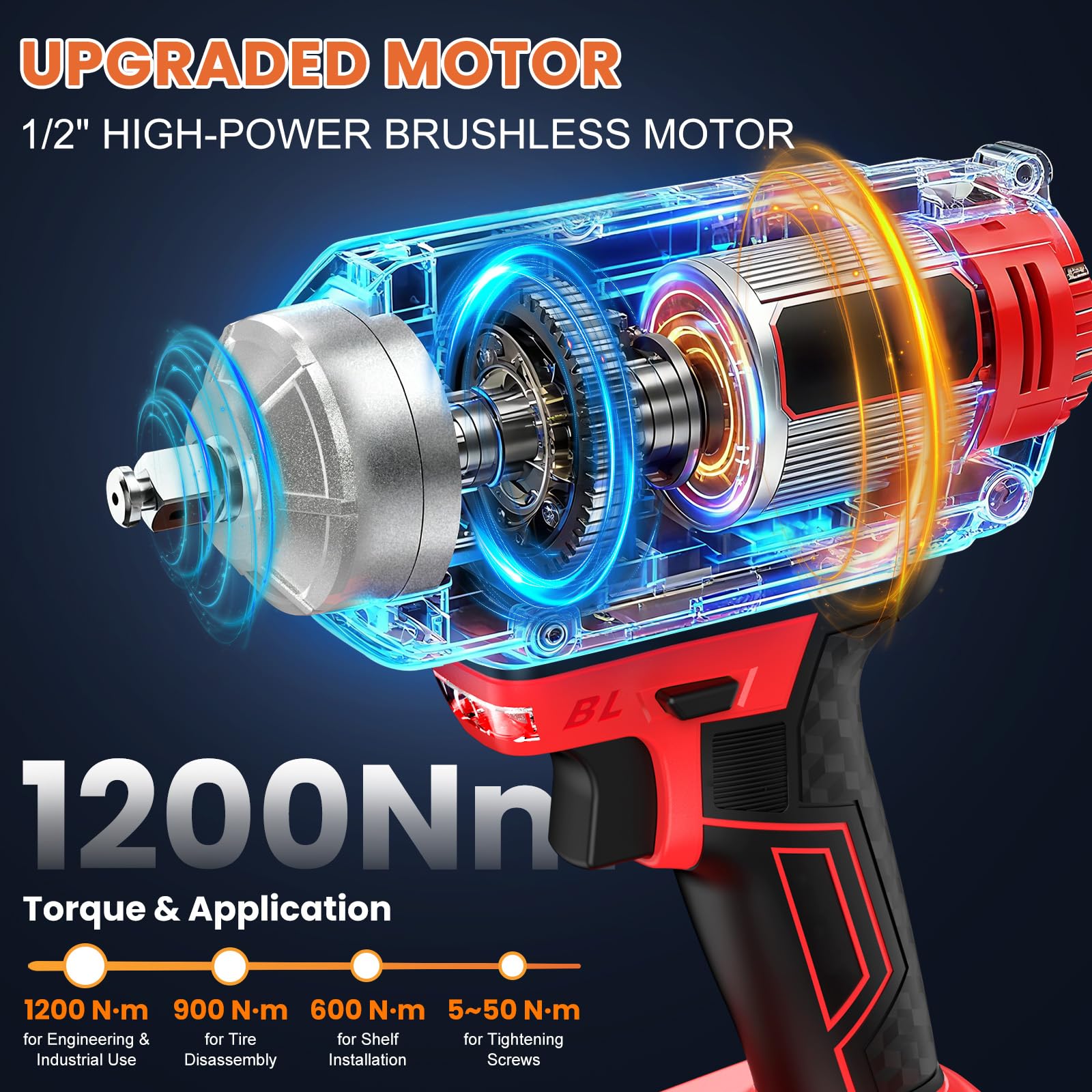 XIAZIR Llave de impacto a bateria 1200 N·m 3-en-1 / Atornillador de Impacto/Taladro de Impacto – Alto Par 1/2" con Motor Brushless, 2× Baterías 4.0Ah, Vasos, Brocas y Puntas
