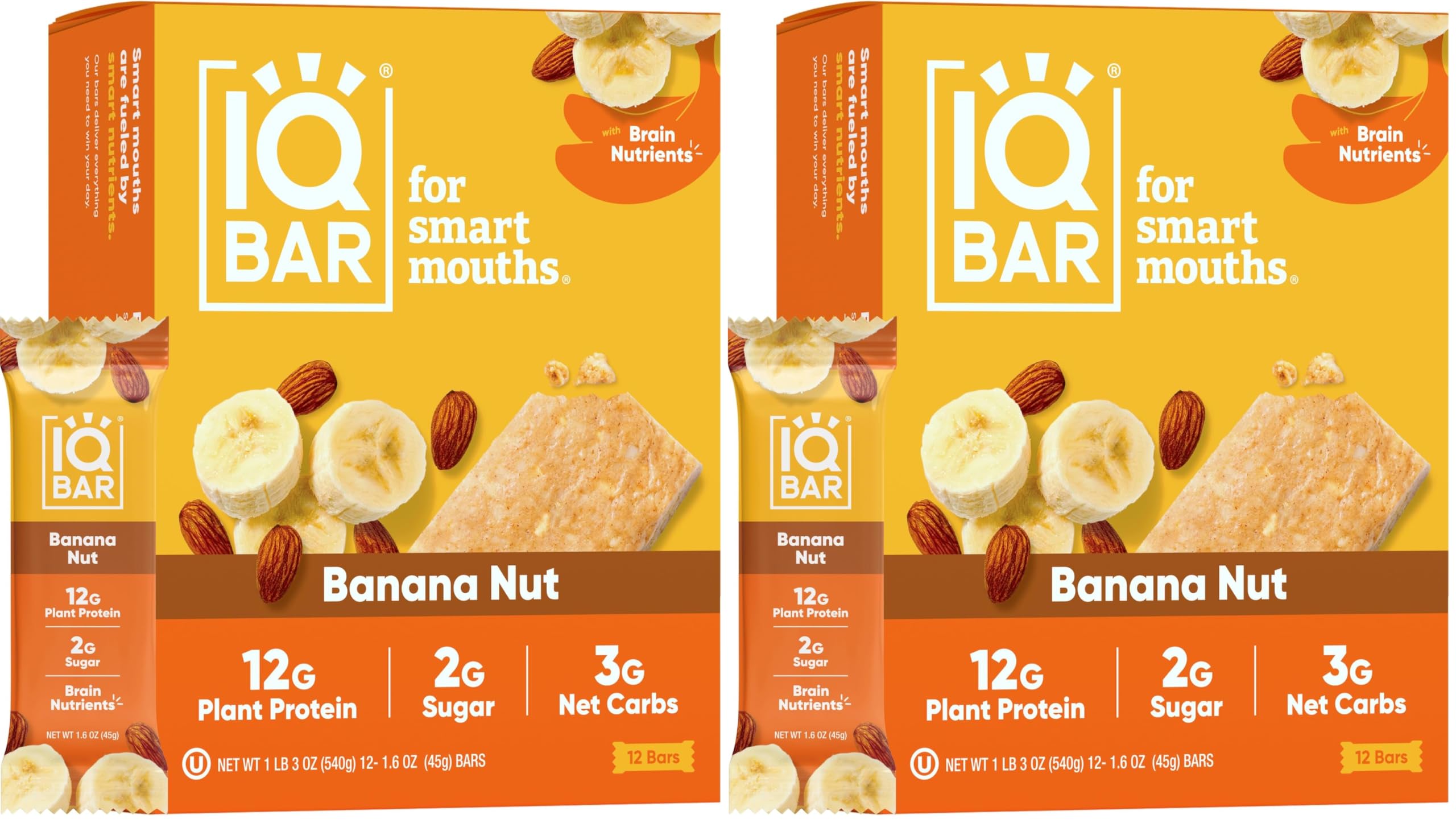 IQBAR Brain and Body Plant Protein Bars - Banana Nut - 12 Count, Low Carb, High Fiber, Gluten Free, Vegan Snacks - Low Sugar Keto Energy Bar Pack (Pack of 2)