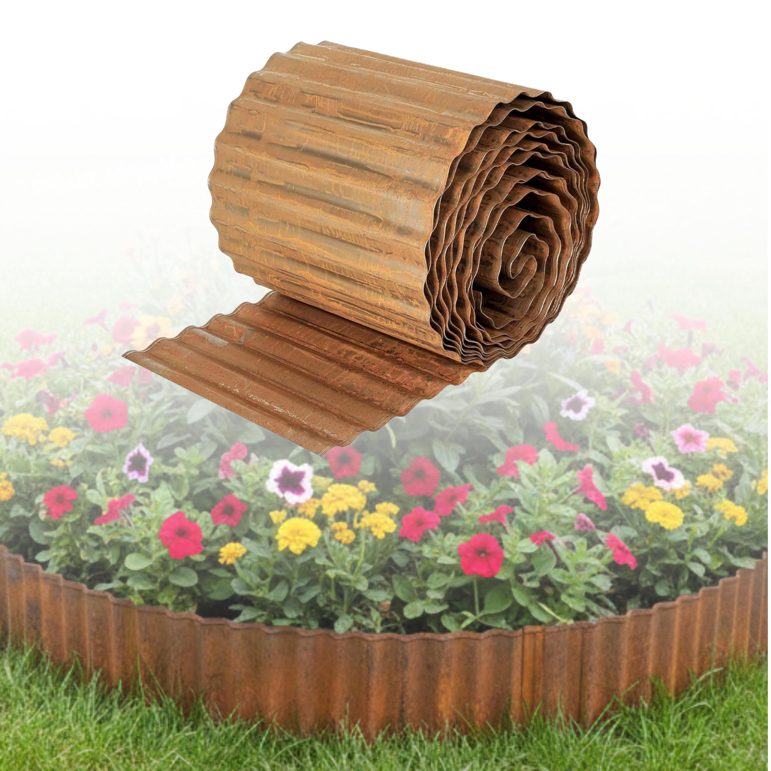 ADEPTNA Flexible Galvanised Rust Effect Steel Garden Lawn Edging – 5m Roll x 16.5cm High – Metal Grass Border with Rolled Safety Edge – Lawn & Path Divider (Rust Effect) — image 1