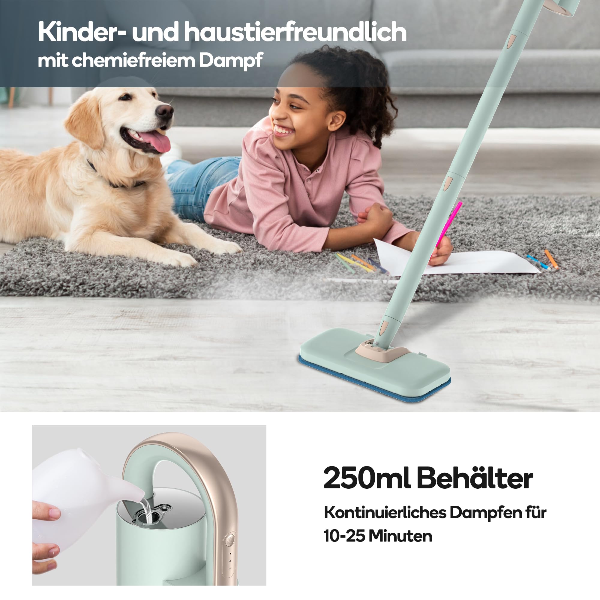 Newbealer 2-in-1 Dampfreiniger, 1200W Handgerät mit abnehmbarem Reiniger, 3 Dampfstufen, 7 Zubehörteile und 2 Mikrofaserpads, Ideal für Alle Böden, Teppiche | 3 einstellbare Ebenen für Teppich-Laminat, Hartholz-Fugenmörtel, Teppichgleiter, 7 Mehrzweck-Zub