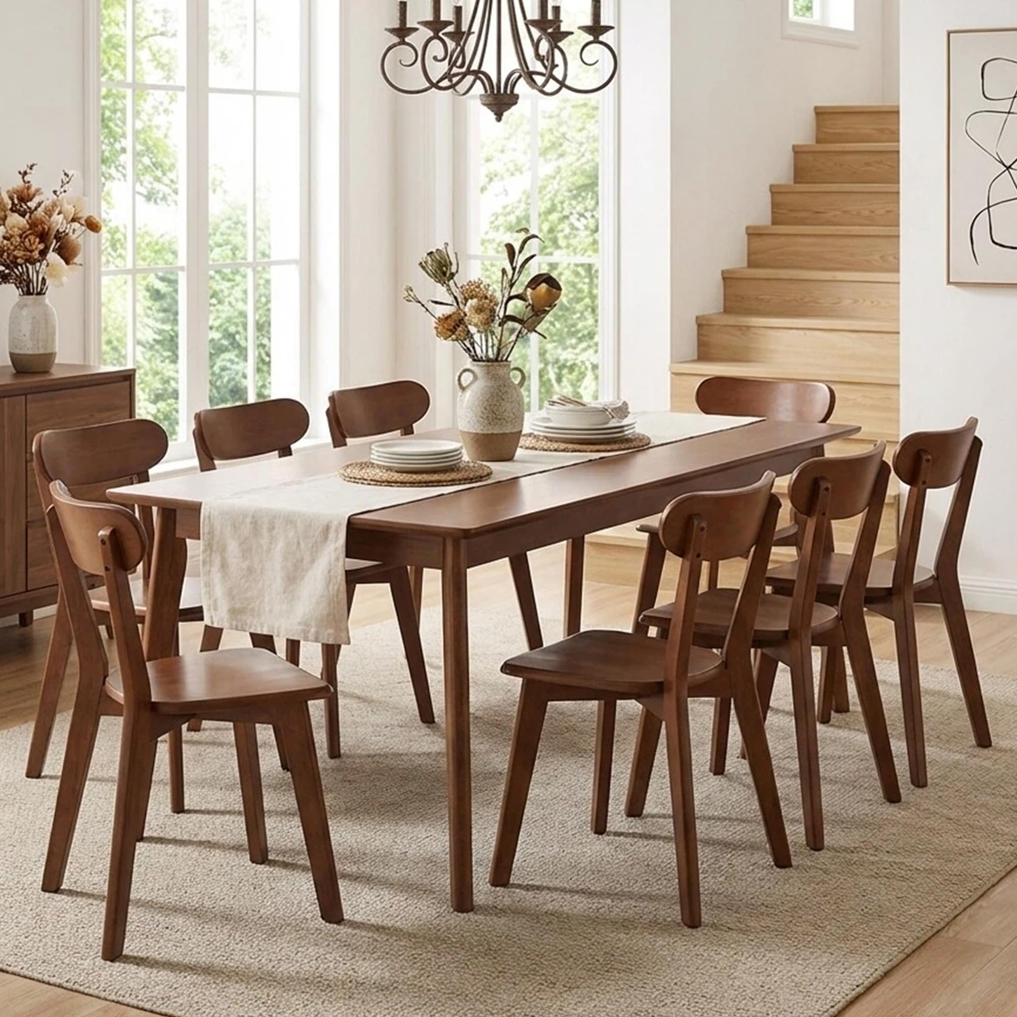 Wahson Walnut Dining Chairs Set of 8, Mid Century Modern Wooden Kitchen Chairs with Comfortable Curved Backrest, Solid Wooden Chairs for Kitchen/