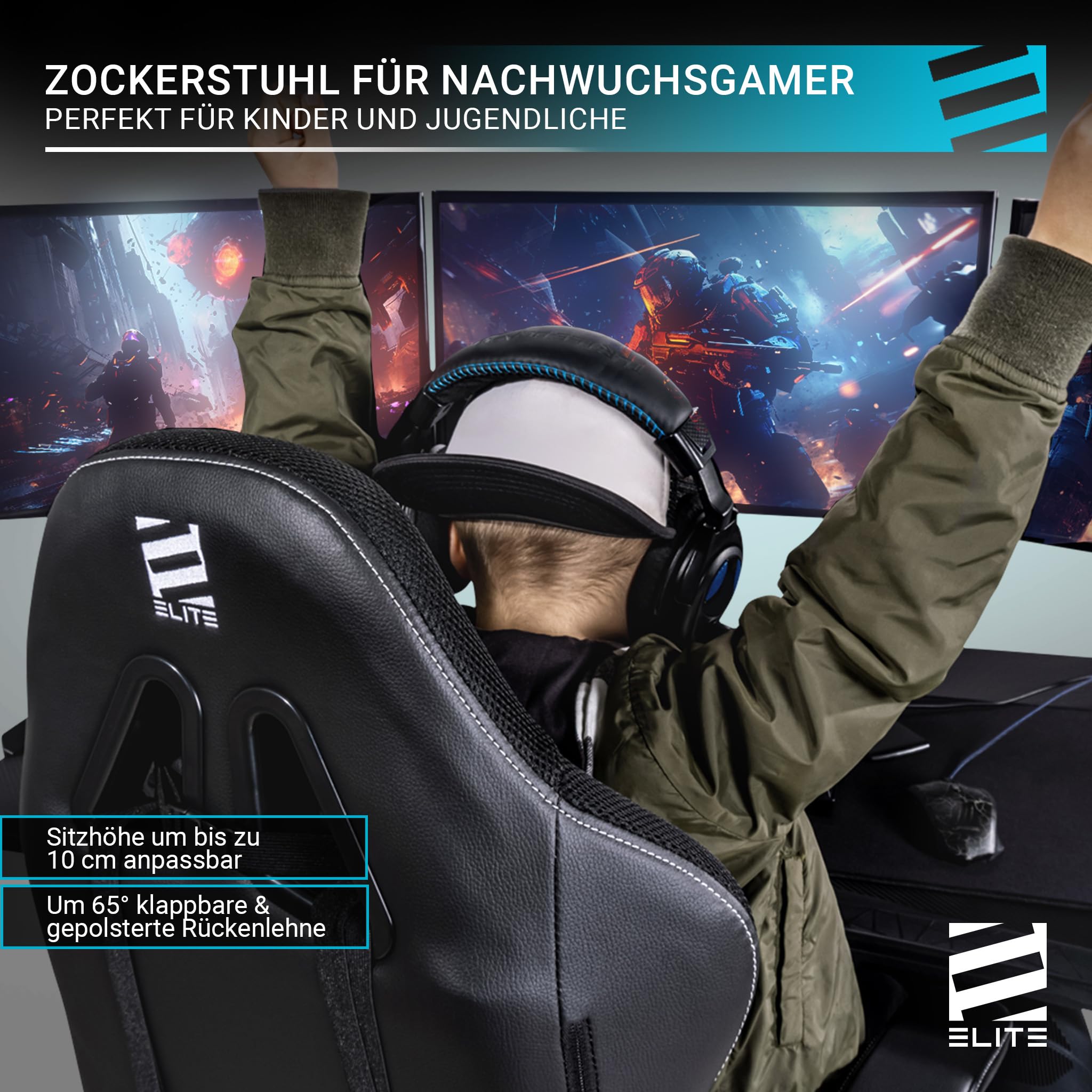 ELITE LED Gaming Stuhl Pulse für Kinder | Ergonomischer Bürostuhl - Schreibtischstuhl - Chefsessel - Sessel - Racing Gaming Stuhl - Gamingstuhl - Drehstuhl - Chair - Kunstleder (Schwarz RGB)