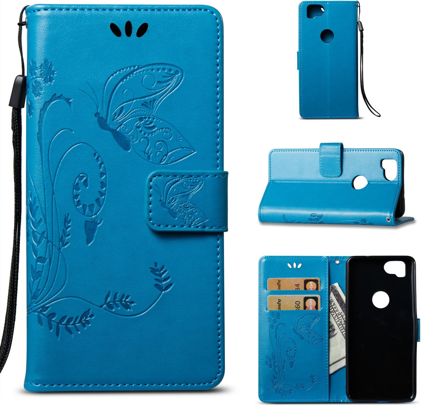 For Google Pixel 2 Case,Google Pixel 2 Flip Case, Ecoway PU Leather Embossed Flower Butterfly Design Practical Multifunction Anti Scratch Flip Case Stand Function Card Holder and ID Slot Case Cover Protective Cases for Google Pixel 2 - blue