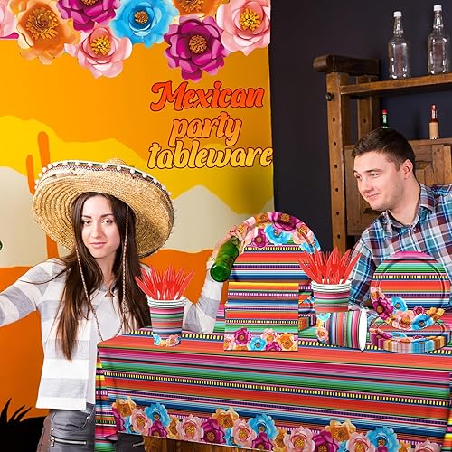 Miniatura 3 de Decoración de fiesta mexicana, 141 piezas de vajilla temática de fiesta mexicana para suministros de fiesta del Cinco de Mayo, patrón de rayas