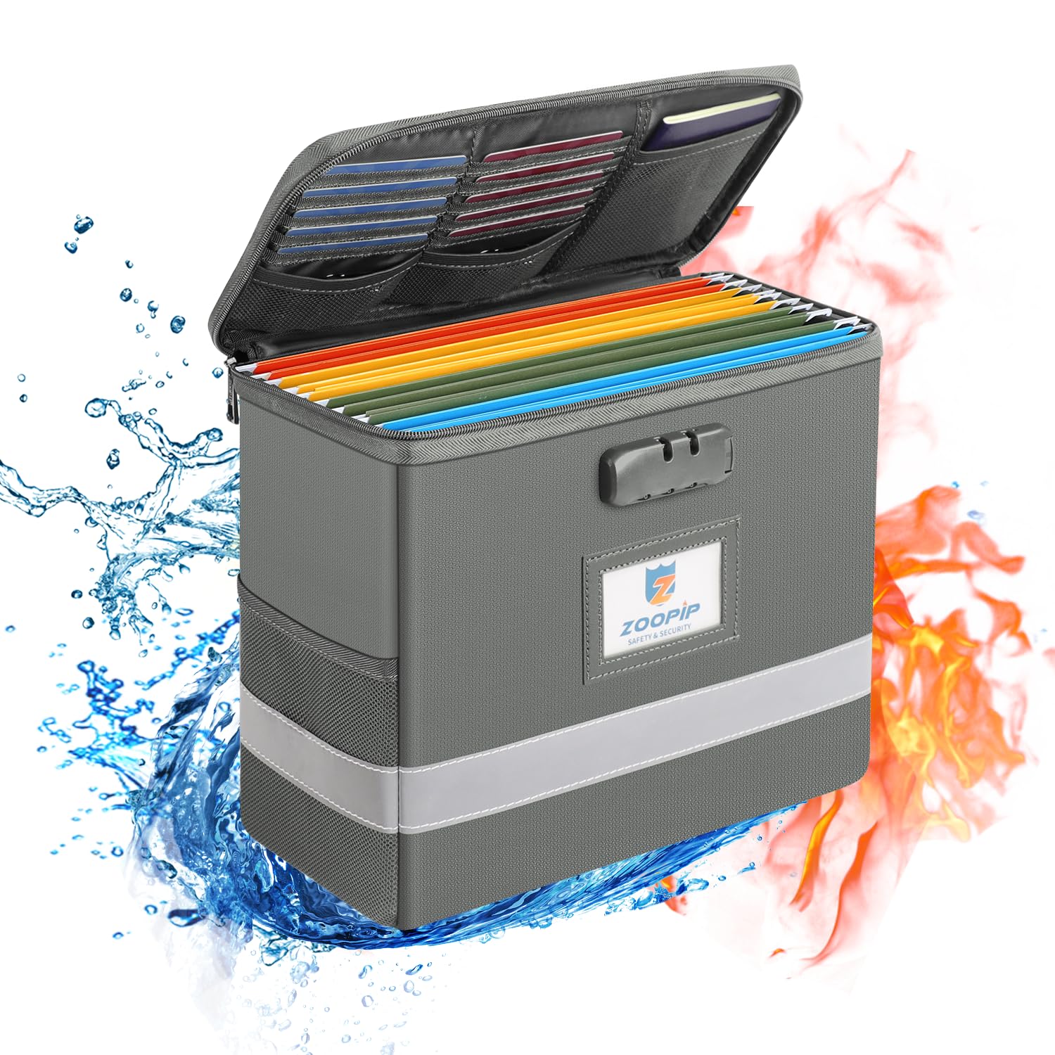 ZOOPIPFireproof File Box with Lock, Document Box Storage Organizer, Suitable for Hanging File Folders in Letter Size, Collapsible File Box, Reflective Strip for Fast Find (12.2"*6"*10.2,DarkGrey)