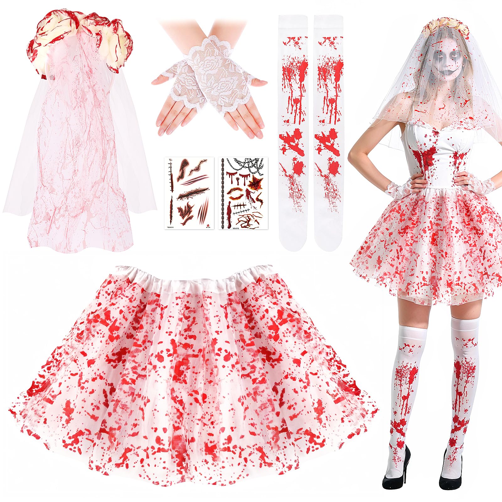 5 Pcs Ghost Bride Costume Accessories Set, Gothic Scary Bride Fancy Dress Kit with White Flower Veil Lace Gloves Bloodstained Tutu Skirt Knee-high Socks Tattoo Stickers for Halloween Cosplay Party