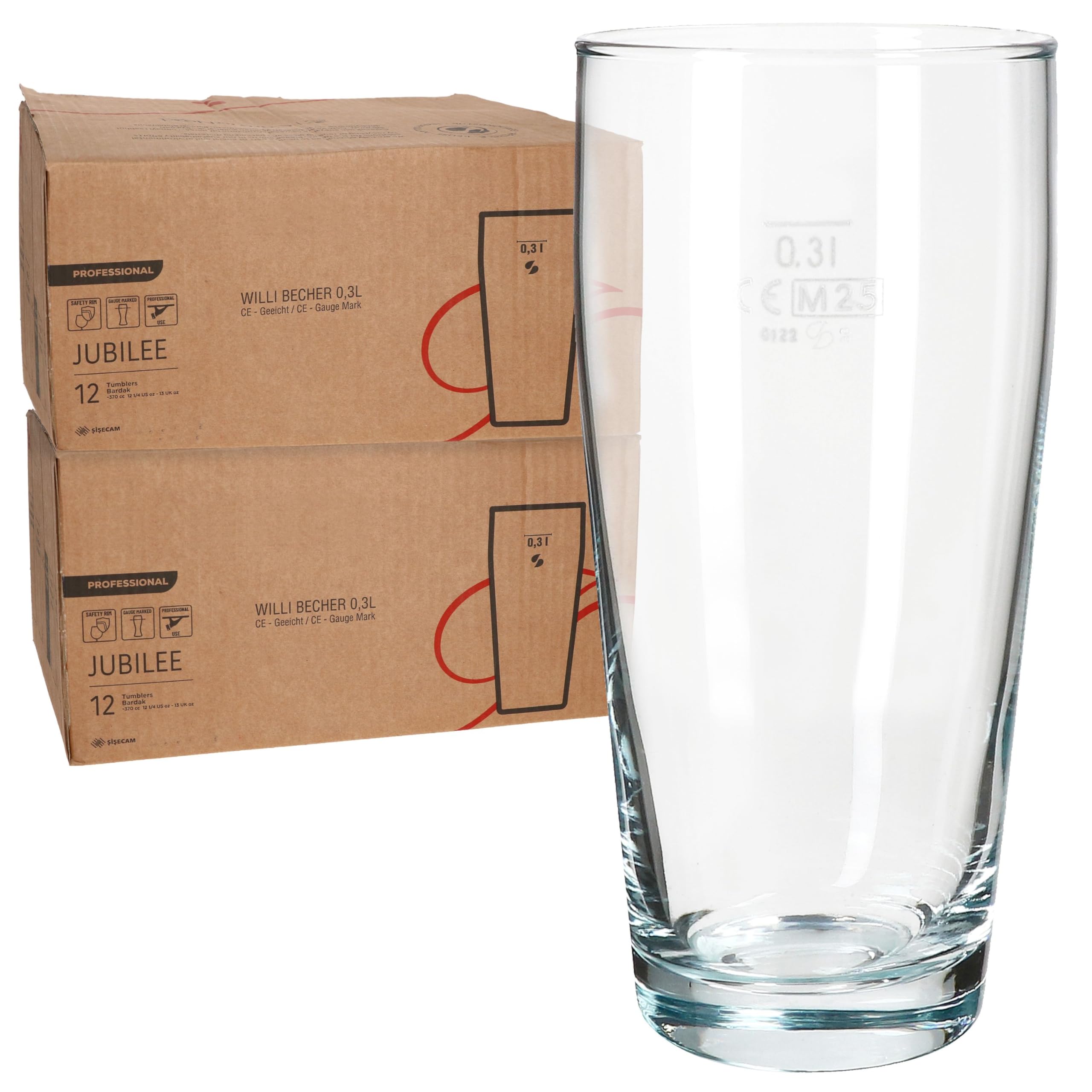 MamboCat Lot de 24 gobelets à bière, 0,3 l, en verre transparent, avec trait de repère - Pour bière, eau, cocktails et boissons gazeuses - Idéal pour les restaurants, les bars et les restaurants