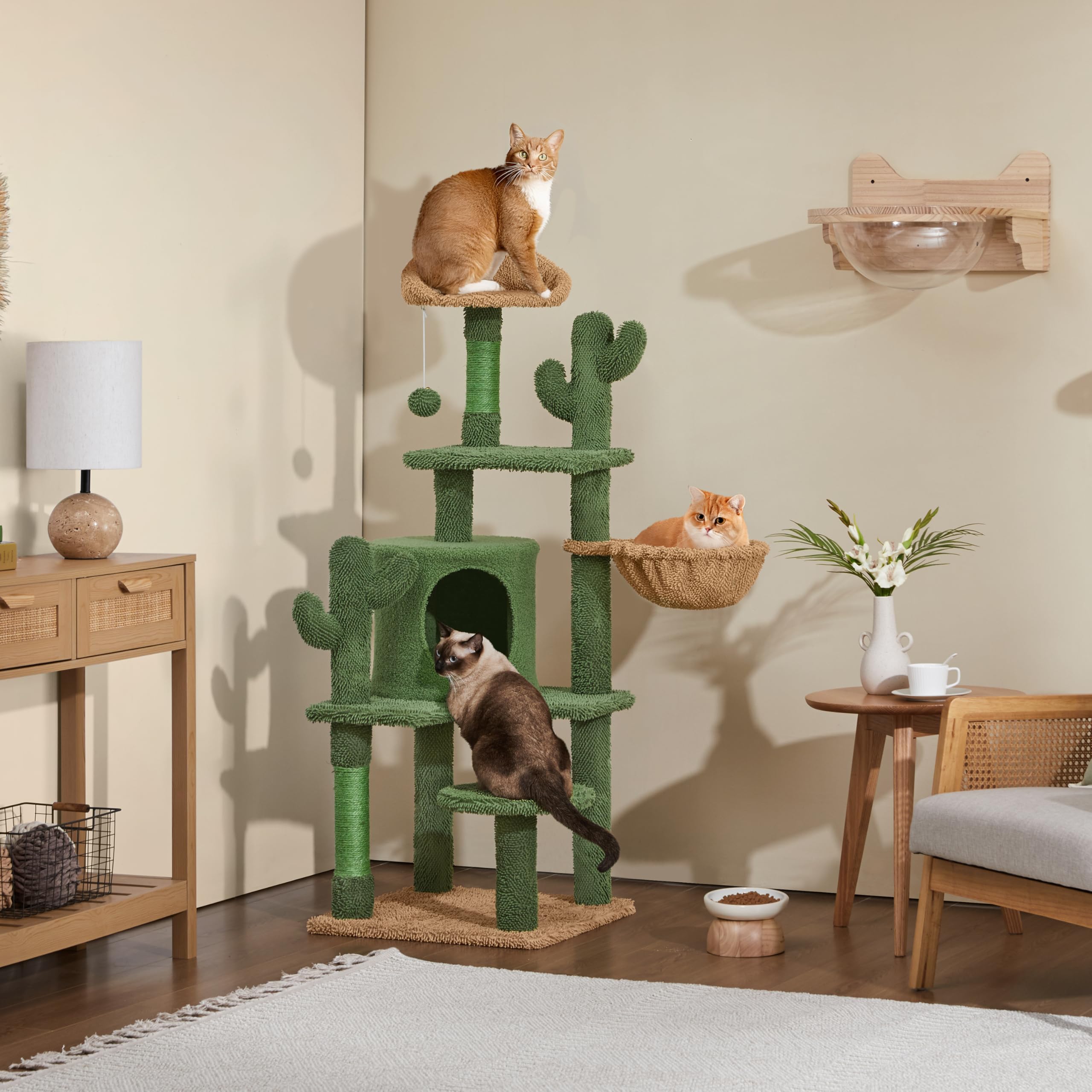 Yaheetech Árbol Rascador para Gato con Plataforma Torre Escalador de Sisal para 2-3 Gatos Medianos Sala de Juegos para Mascotas de Actividades 135 cm Verde y Marrón