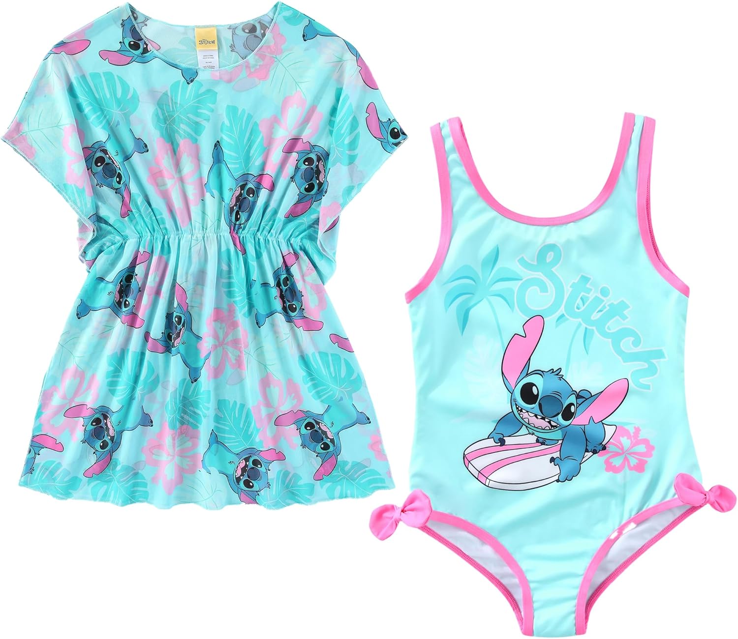 Disney Lilo & Stitch Girls UPF 50+ One Piece Bathing Suit with Mesh Cover-Up 2 Piece Set for Big Kids