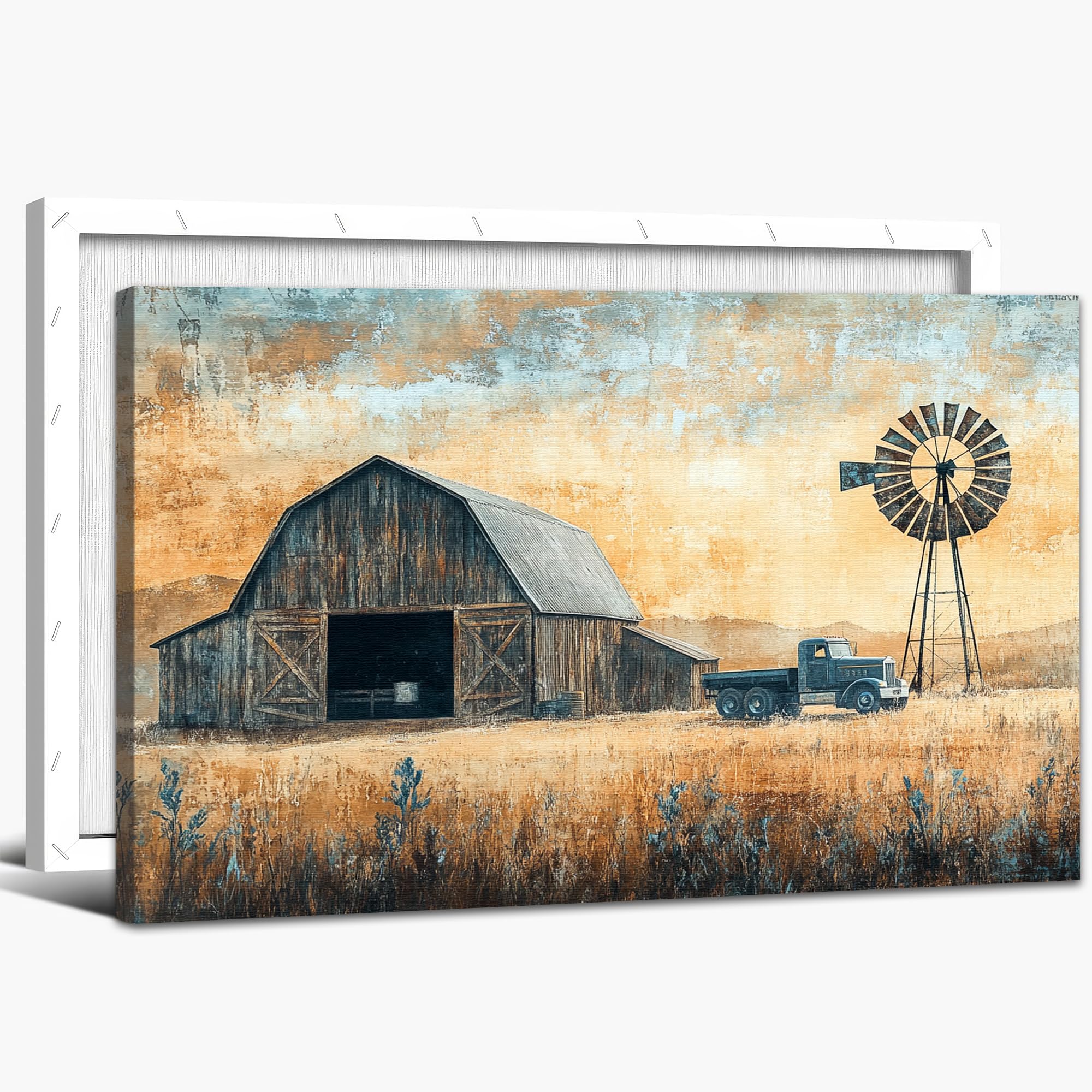 Farmhouse Wall Art, Old Truck&Barn Canvas Prints Wall Decor, Old Truck Pictures Vintage Wall Art for Country Decor, Rustic Truck Painting, Vintage