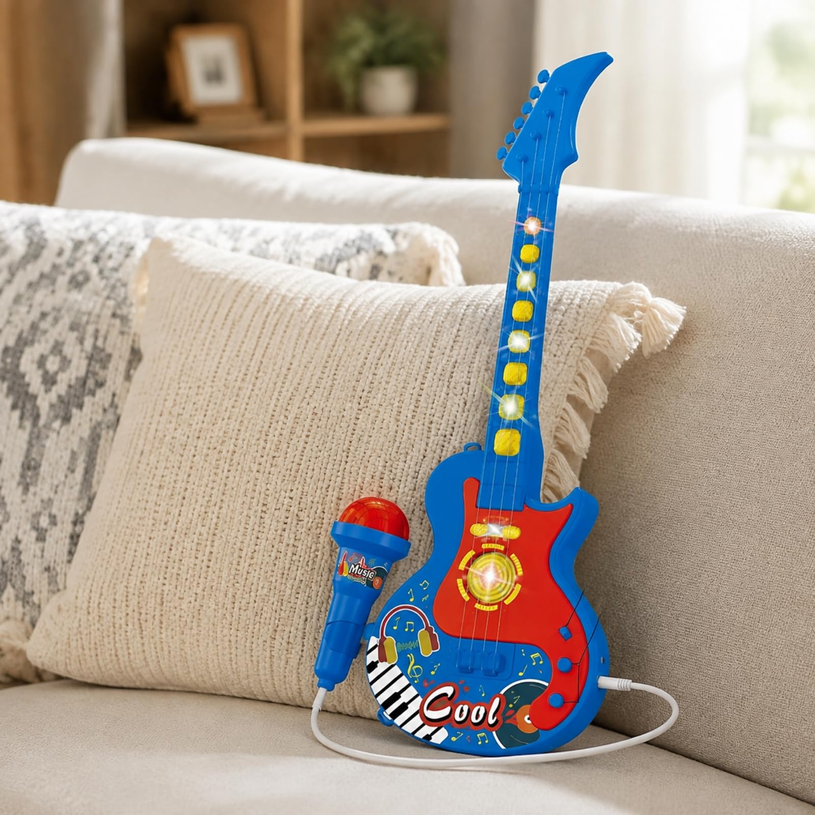Chitarra Giocattolo con Microfono a Batteria Chitarra Giocattolo in Plastica Educativo per Bambini, Esibizioni Immaginarie, Casa, Nero