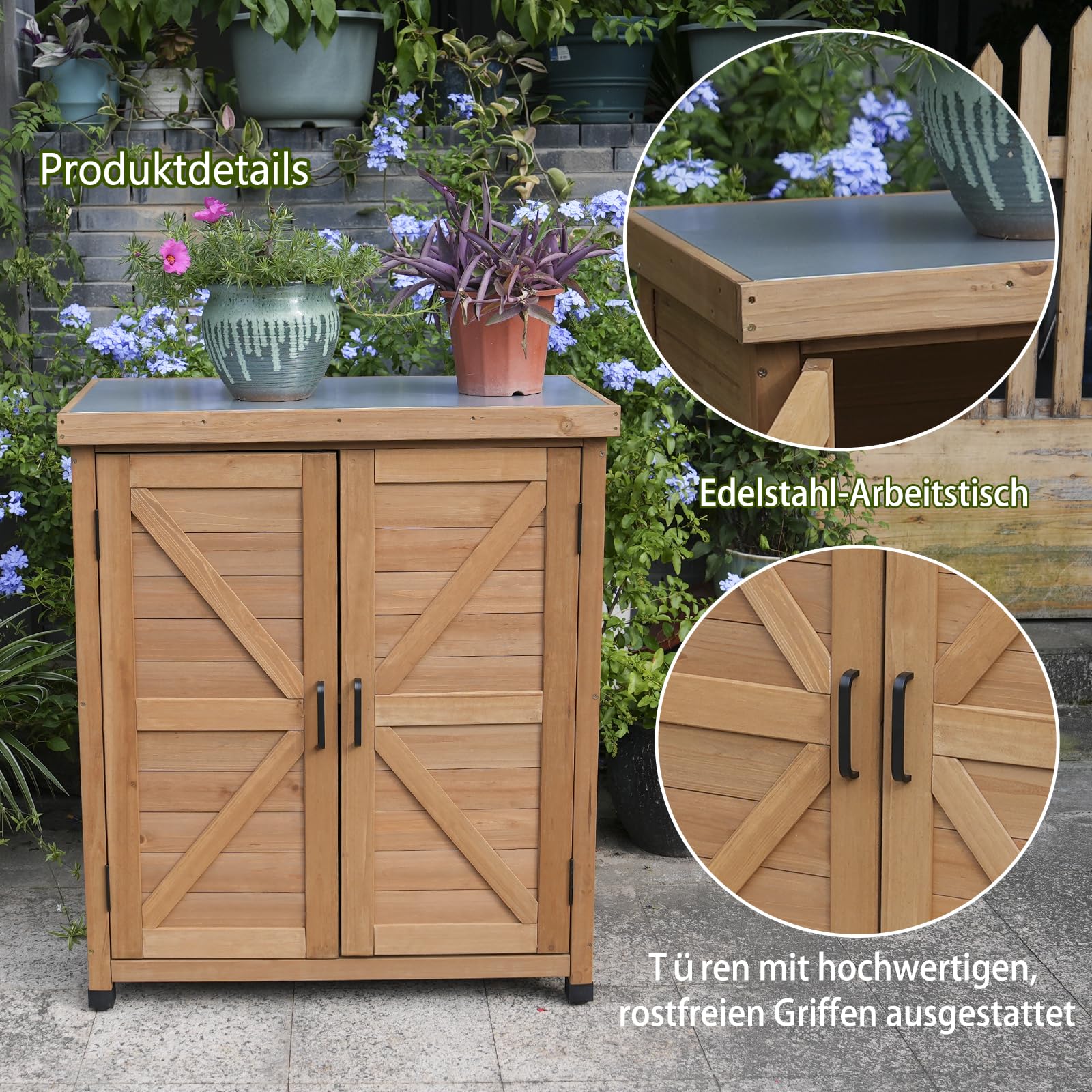 Outdoor Gartenschrank aus Holz, 80 x 45 x 93 cm, Grau, Wasserfest, Höhenverstellbare Füße, 2 Türen, 2 Einlegeböden (Orange)