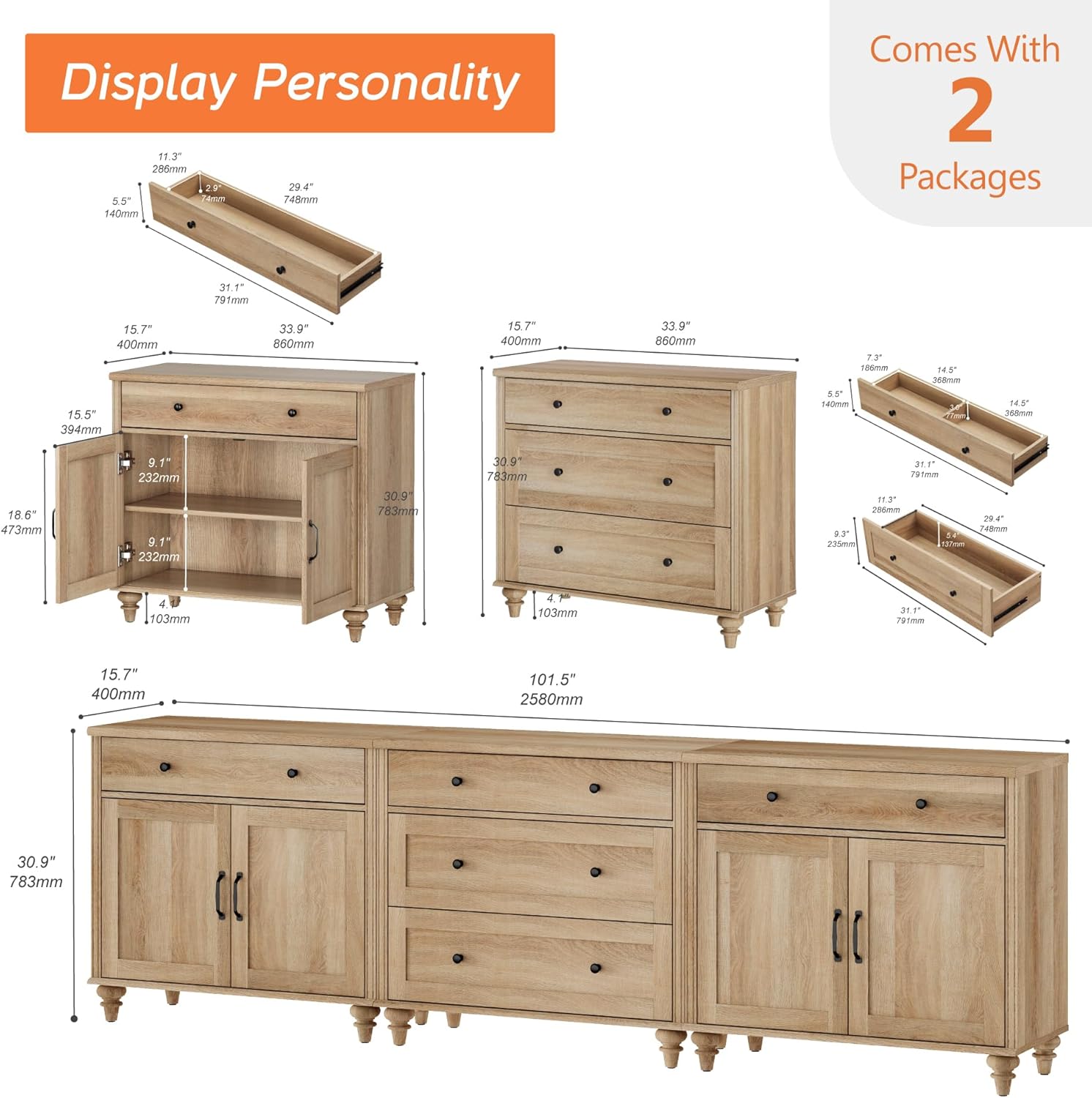 WAMPAT Farmhouse TV Stand for 100 Inch TV, 3-in-1 TV Console Table with 5 Drawers and 4 Doors, Entertainment Center for 75/80/85/90 Inch TV, Kitchen Sideboard Buffet Cabinet for Dining Room, Oak