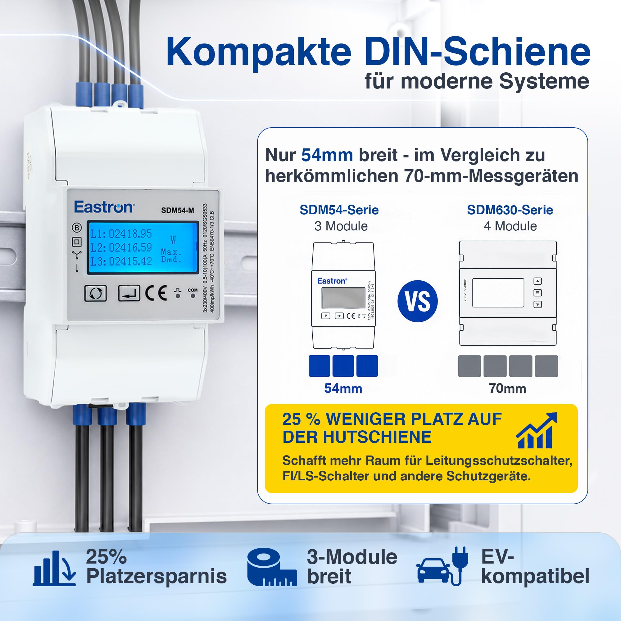 Eastron SDM54-M MID-zertifiziertes dreiphasiges 100-A-Direktanschluss-DIN-Schienen-RS485-Modbus-MID-Messgerät für EV-Ladegeräte und Solarsysteme