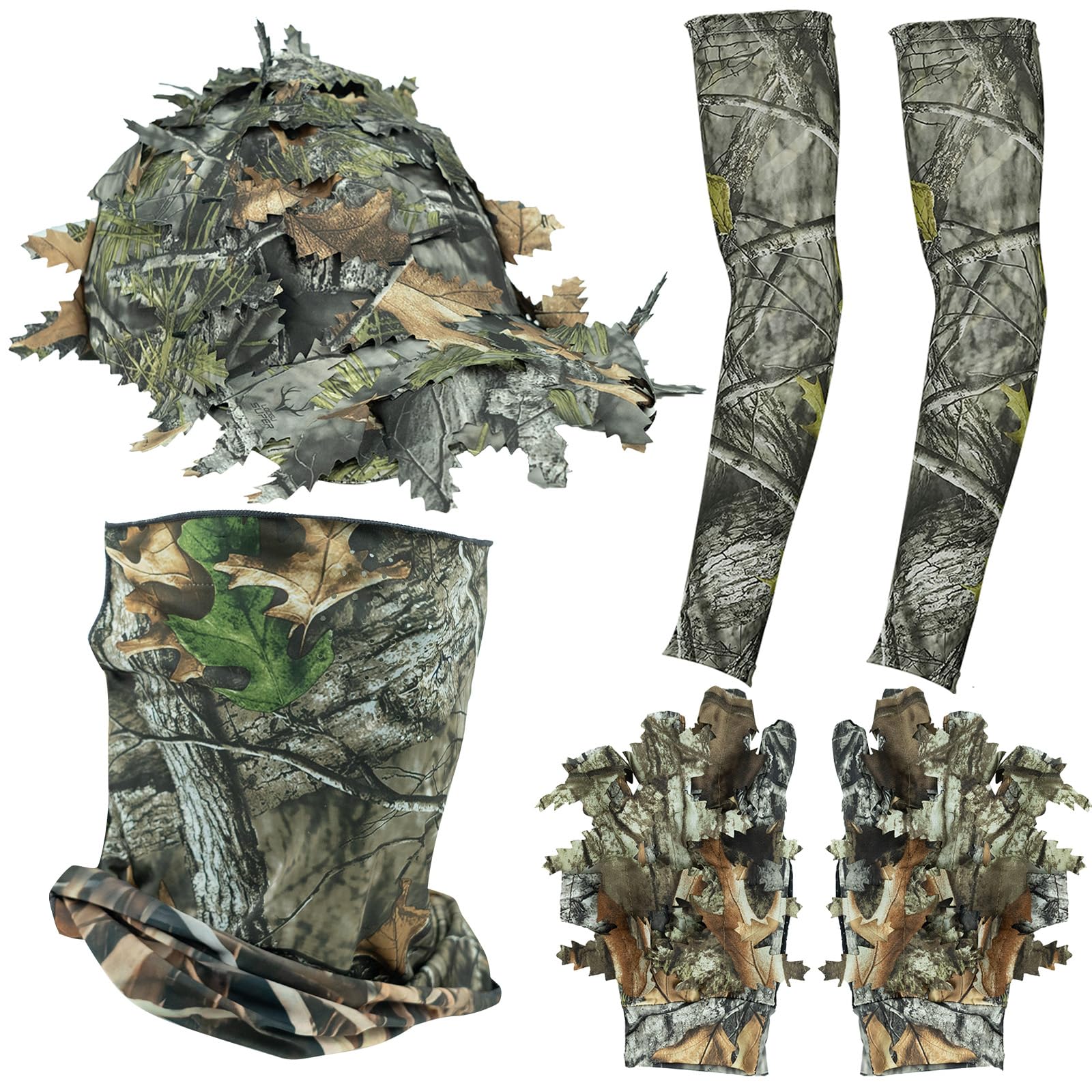 LOOGU Hunting Face Mask Set with Leafy Cap Camo, Ghillie Gloves, Cooling Arm Sleeves 6 Pieces Turkey Hunting Accessories