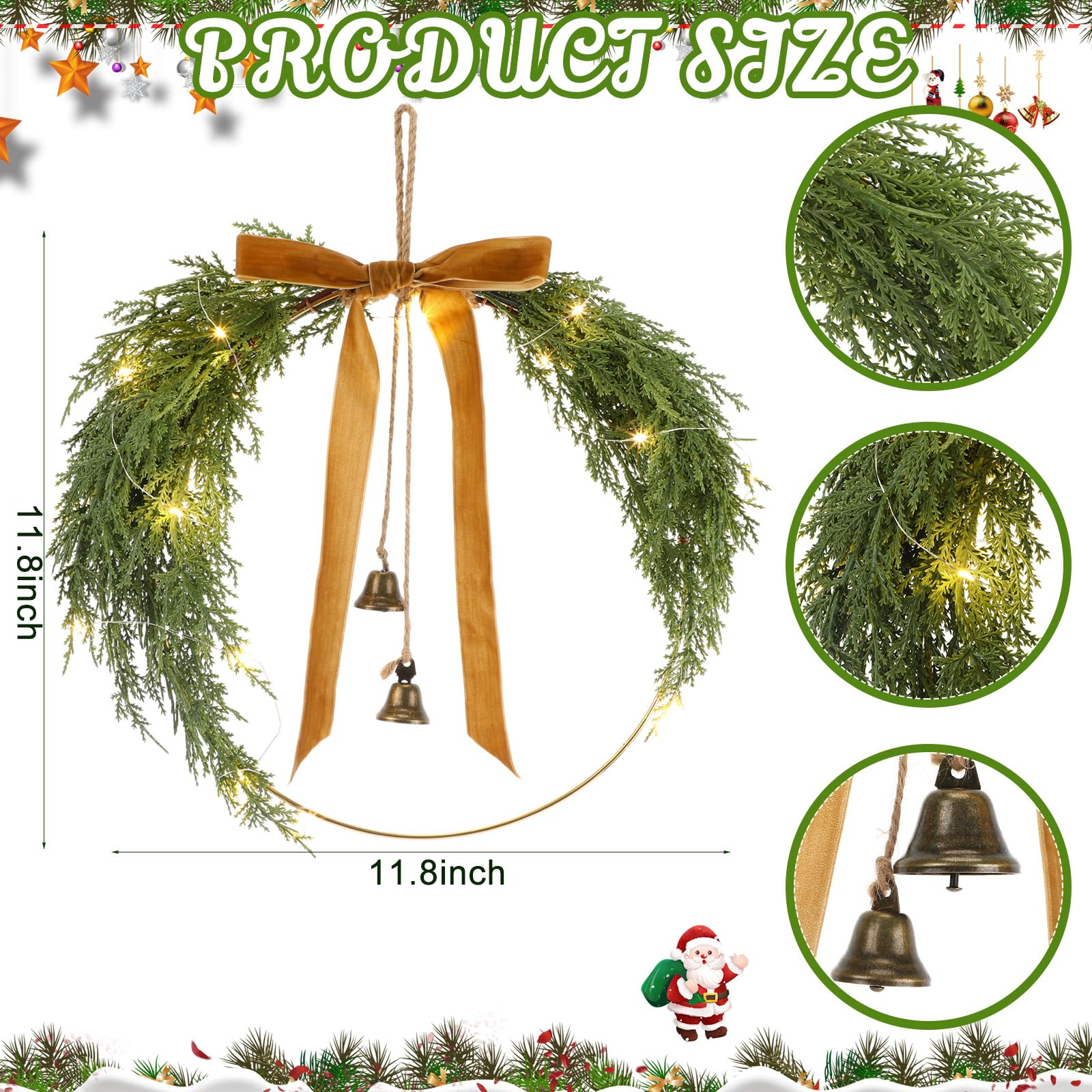 Hungdao Lot de 2 couronnes de Noël en pin avec nœud lumineux de 30 cm - Décoration rustique pour fenêtre et mur - Décoration à suspendre (pin cèdre)