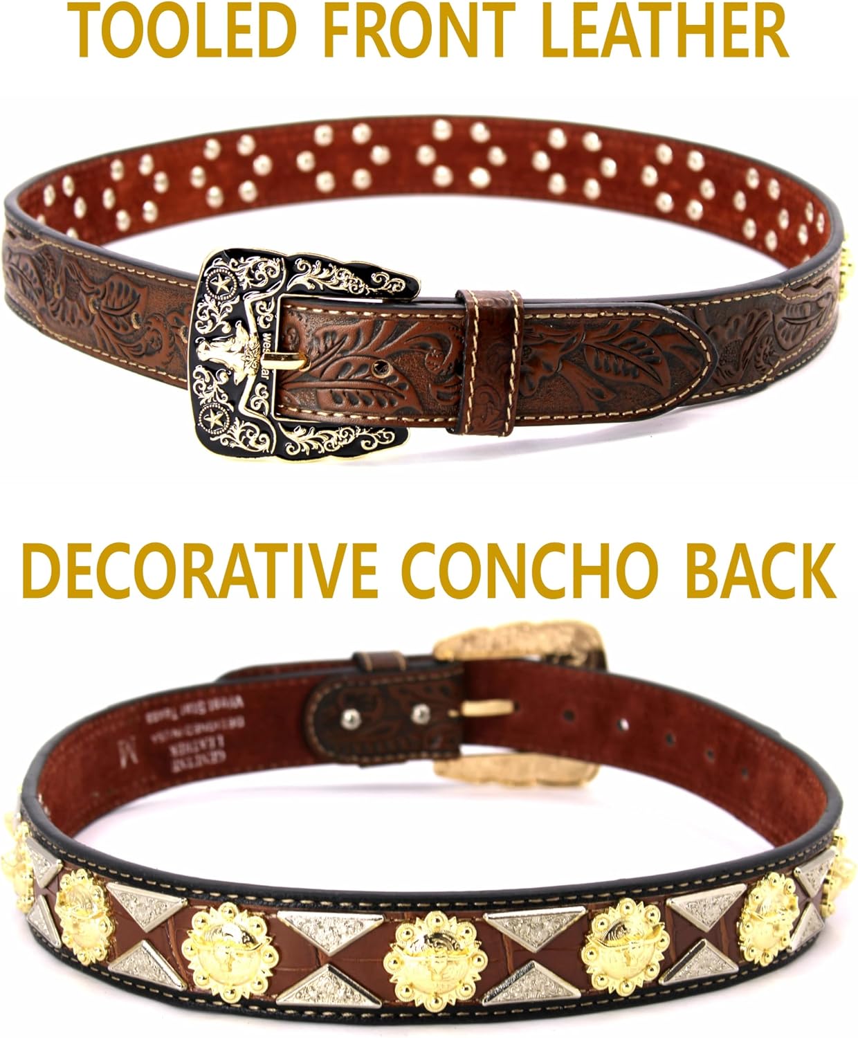 Western Concho Belt for Men & Women - Genuine Leather Tooled Belt