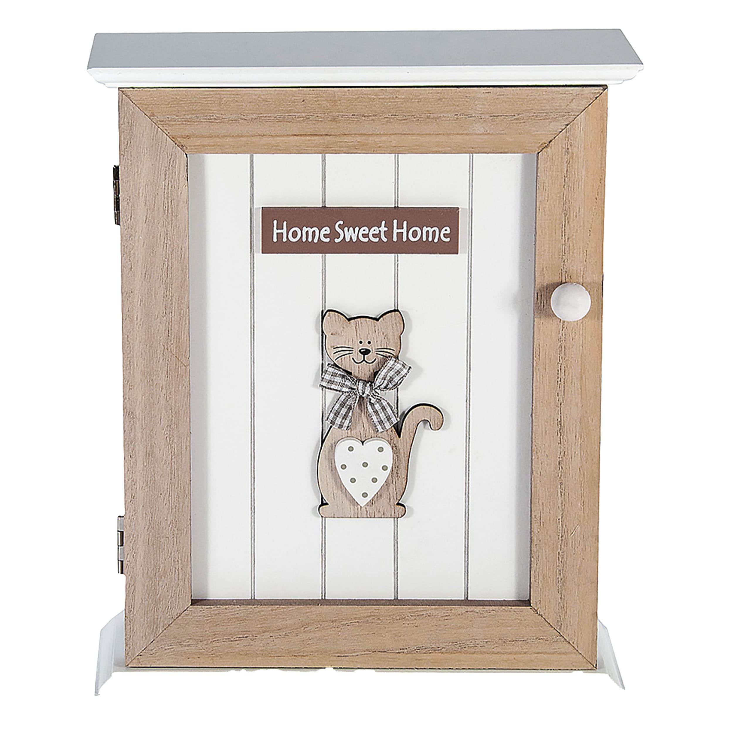 SPOTTED DOG GIFT COMPANY - Armadietto portachiavi da parete con motivo gatto e scritta Home Sweet Home - decorazione per l'ingresso - con 6 ganci - in legno - naturale/bianco