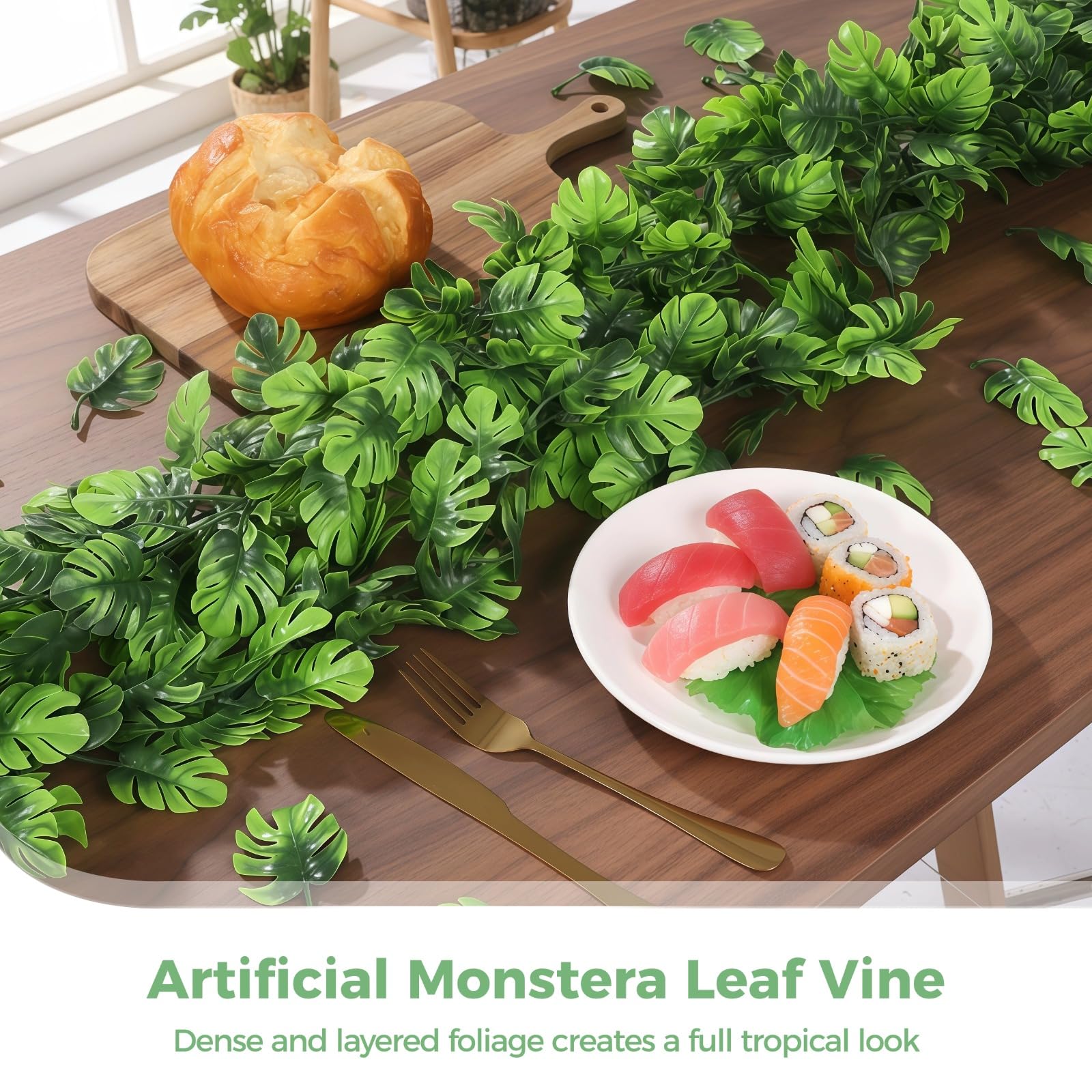4 STK. künstliche Monstera-Blattranken, 5,8 Fuß hängende Grünpflanzen mit abnehmbaren tropischen Palmblättern, Kunststoff-Efeu-Monstera-Girlande für Garten, Veranda, Terrasse, Hawaii-Party-Deko