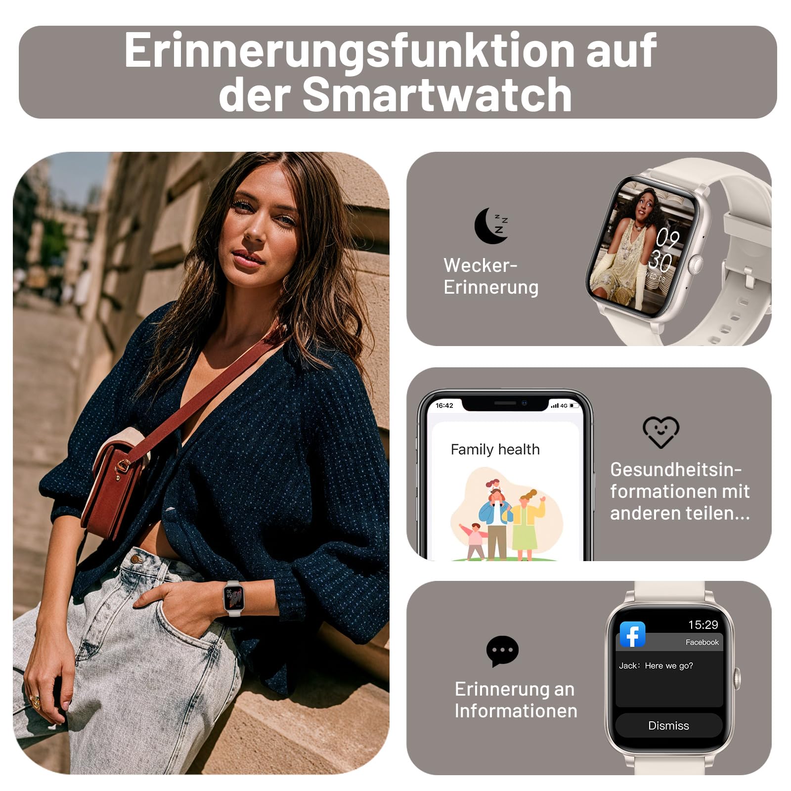 Smartwatch Herren Damen, 1.85" HD Intelligente Uhr mit Bluetooth-Anruf, 130+ Sportmodi mit Herzfrequenz/Schlafmonitor/Schrittzähler, IP68 Fitness Tracker für Android iOS Starlight