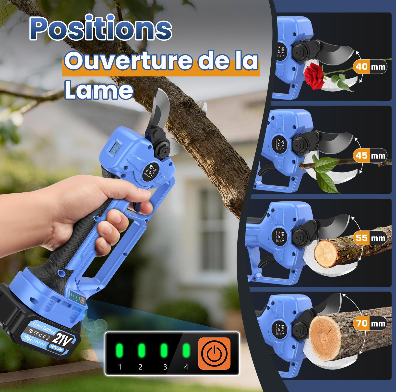 Sécateur électrique Sans Fil,Ouverture de lame 70 mm & Capacité de coupe 60mm, 1500W Sécateur Électrique Avec 2 * 4.0Ah, Lames SK7 & Affichage LED. Convient aux arbres Fruitiers et au Jardinage