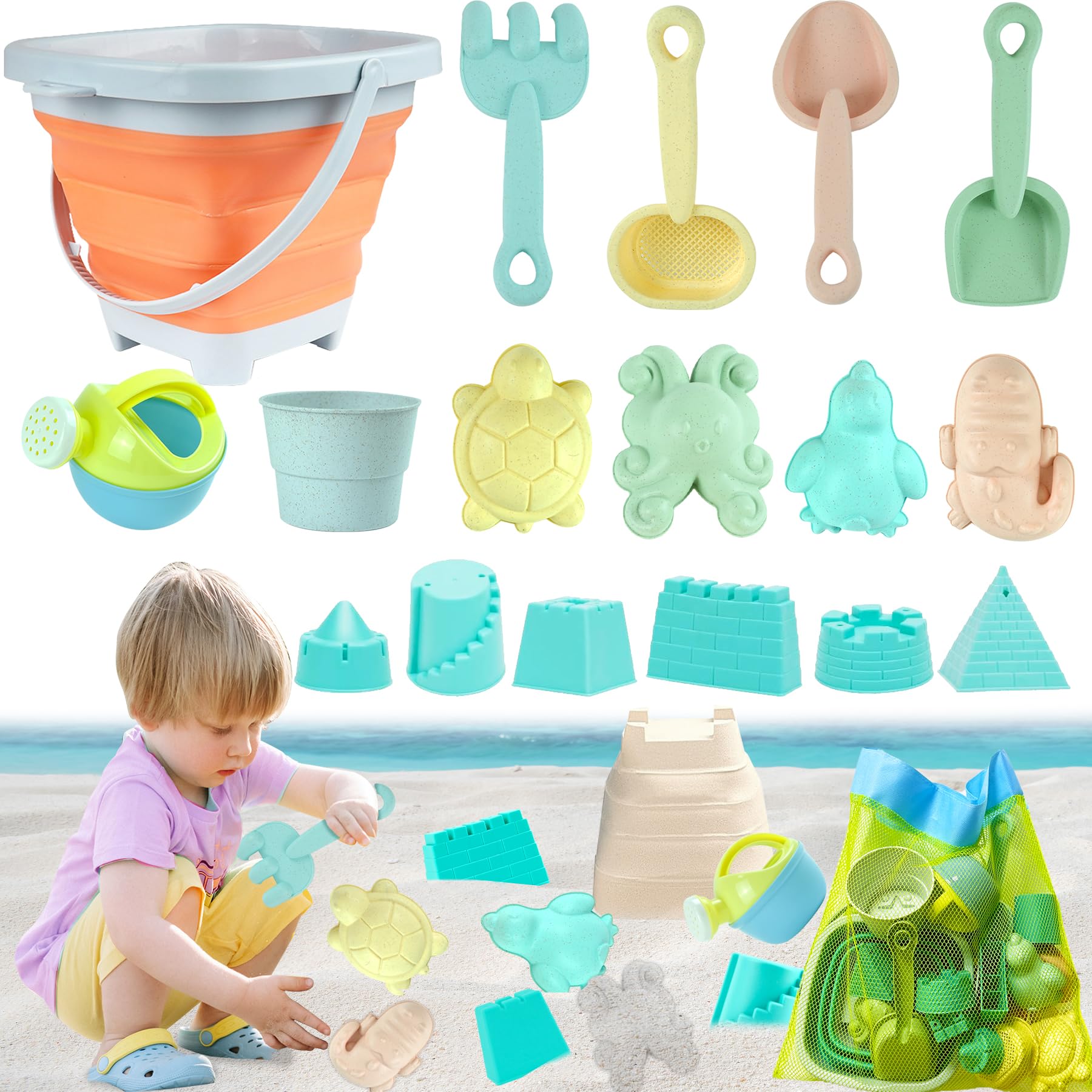 VEEKAY Sandspielzeug Strandspielzeug Kinder,18 Stück Sandspielzeug Set,Sandkasten Spielzeug mit Faltbarer Eimer, Schaufel, Sandharke,Netztasche,Sandharke Spielzeug Sandburg-Baukasten für ab 1-5