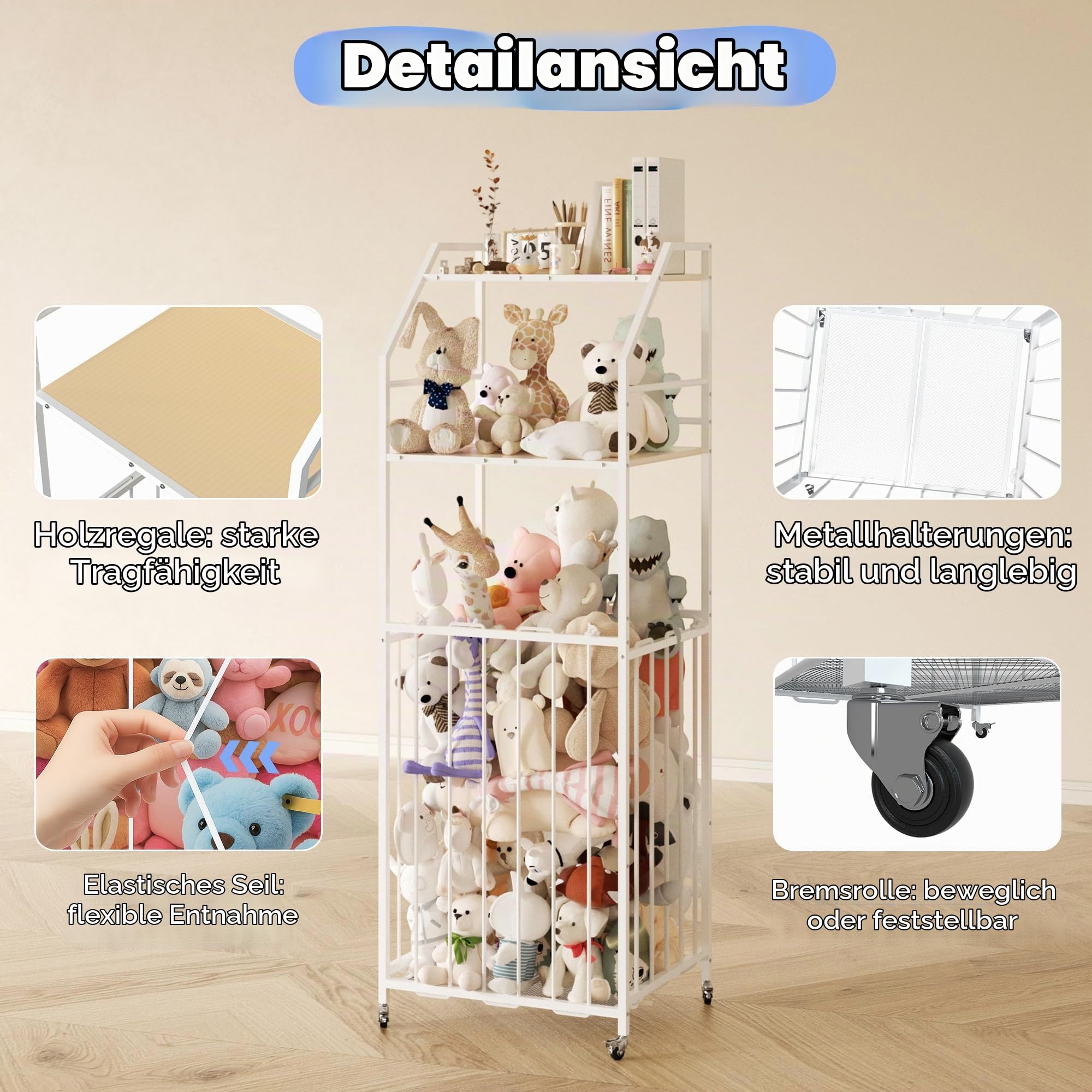 Kuscheltier Aufbewahrung, 3 Stöckig Spielzeug Aufbewahrung mit Bremsrad, Groß Plüschtier Aufbewahrungs de Holz und Metall, Platzsparendes, für Kinderzimmer, Schlafzimmer, Babyzimmer (57,9”H)