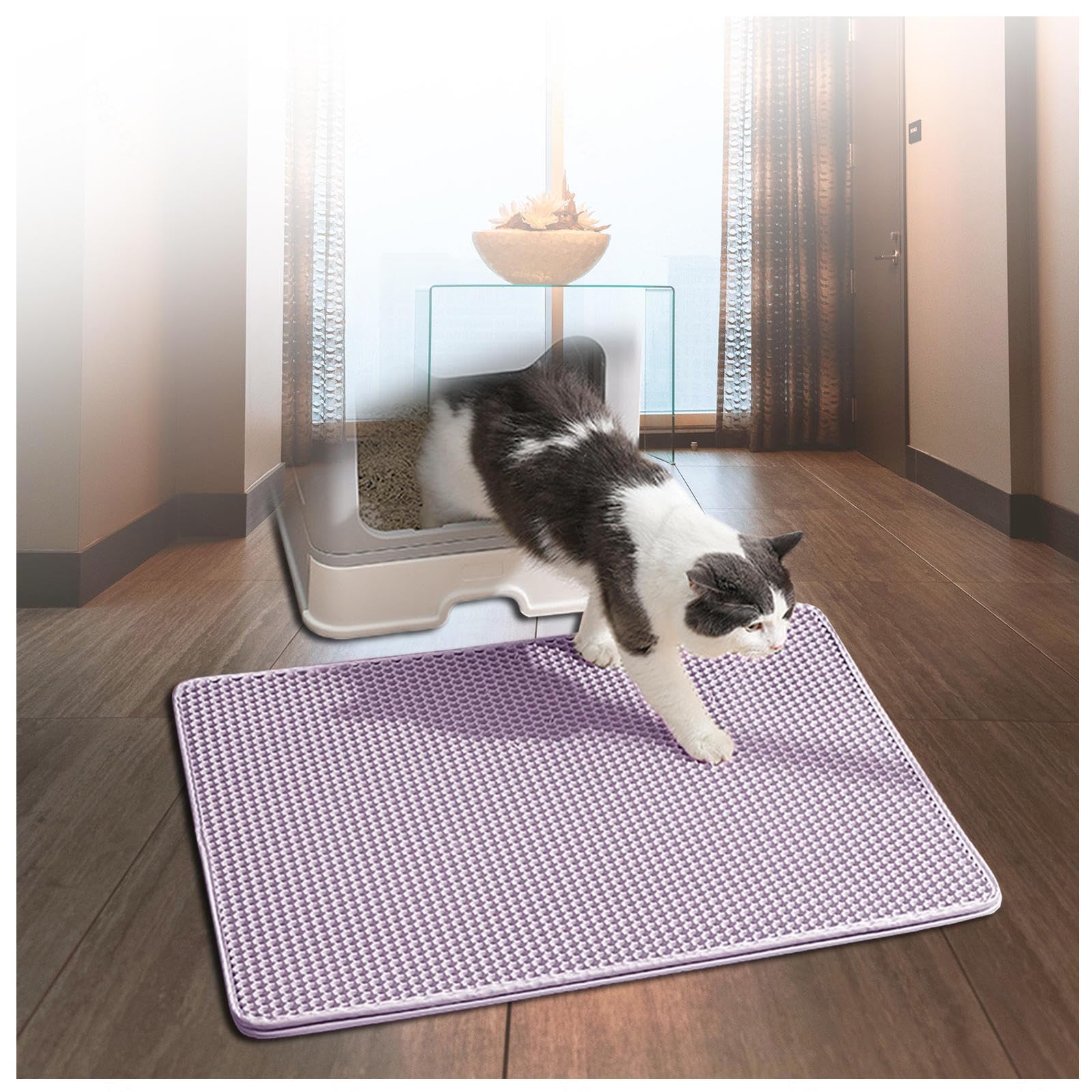 Tybeitao Purple Cat Mats For Litter, Honeycomb Double Layer Easy Clean Waterproof Litter Mat Less Waste,Soft On Paws,Non-Slip, Litter Mats,-M