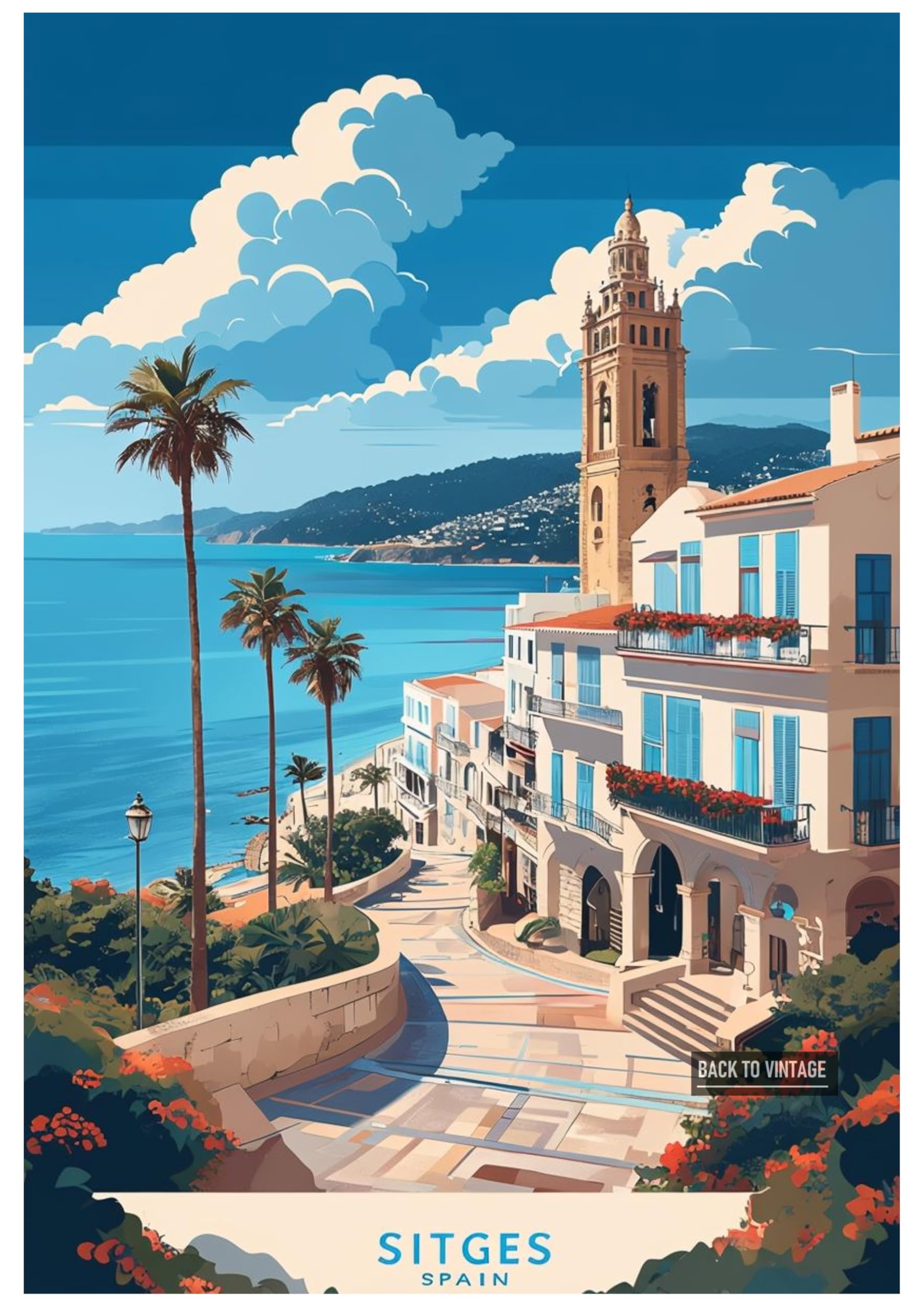 Back To Vintage Multicoloured Vibrant Illustrative Poster Showcasing Coastal Sitges Spain - Retro Europe Travel Poster A4 Size Vintage Wall Art Print Of Famous European Destinations Ideal For Home Or Office Decor