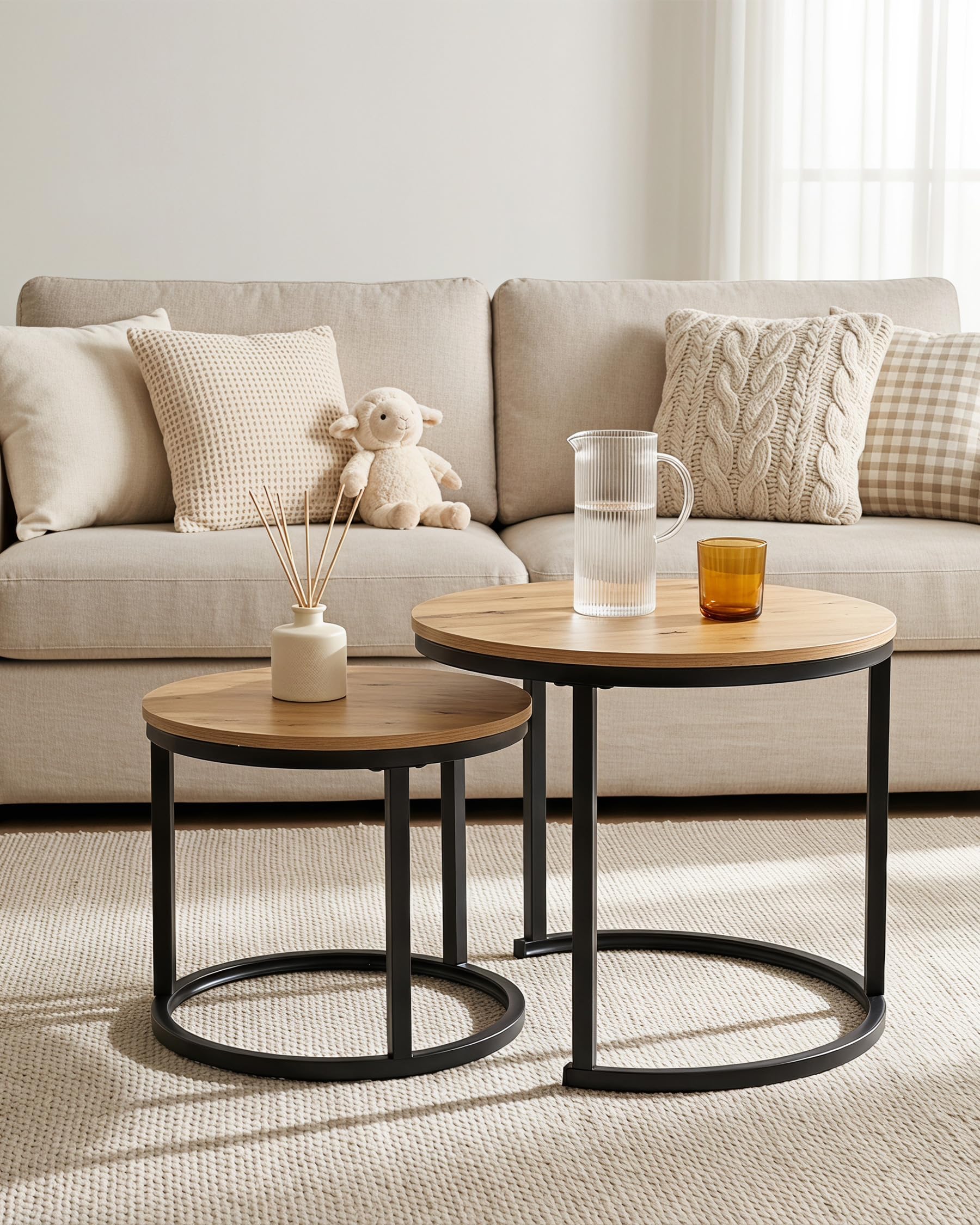 Couchtisch Rund Holz 2er Set, Wohnzimmertisch Modern, Coffee Table, Holz-Effekt Beistelltisch Wohnzimmer mit schwarzem Rahmen