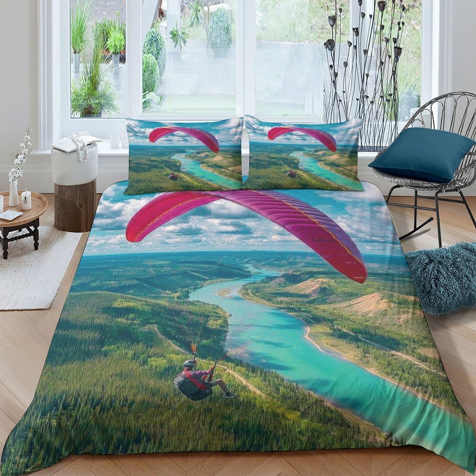 Ctjqhvkz Style-4 3D Printed Paragliding Landscape Fitted Sheet Microfiber Scenic River Bed Cover Anti-Slip Easy Care For Bedroom Guest Room Decor Single（135X200cm）