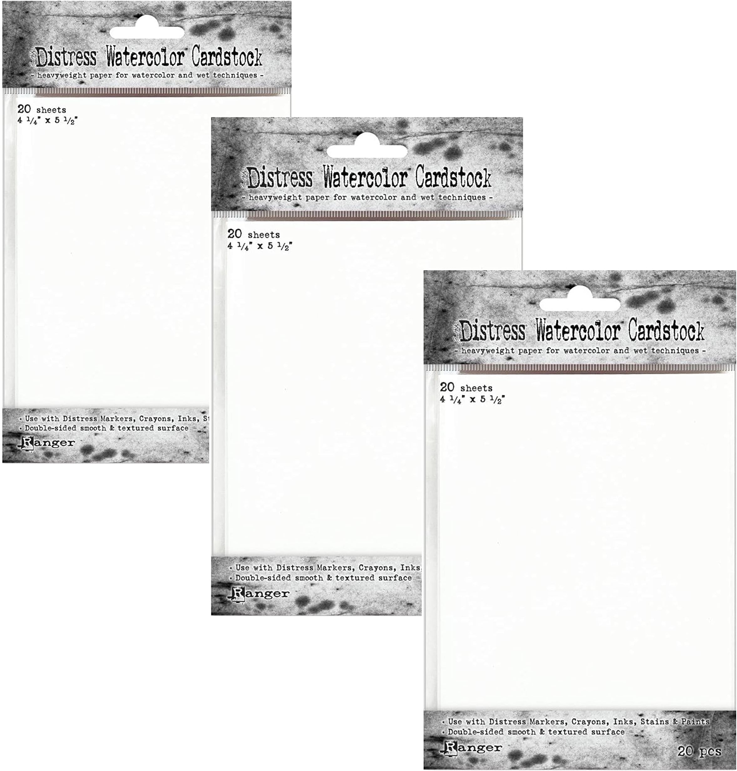 3-Pack of Tim Holtz Distress Watercolor Cardstock, 4.25 x 5.5 inches, 60 Sheets Total