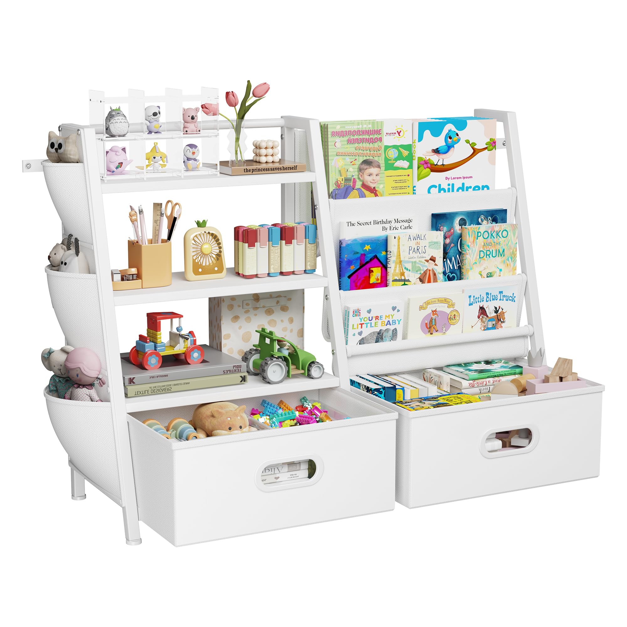 Estantería infantil y organizador de almacenamiento de juguetes, estantería de 3 niveles para niños, estantería con honda y 2 contenedores de juguetes, estante para libros para habitaciones de 2