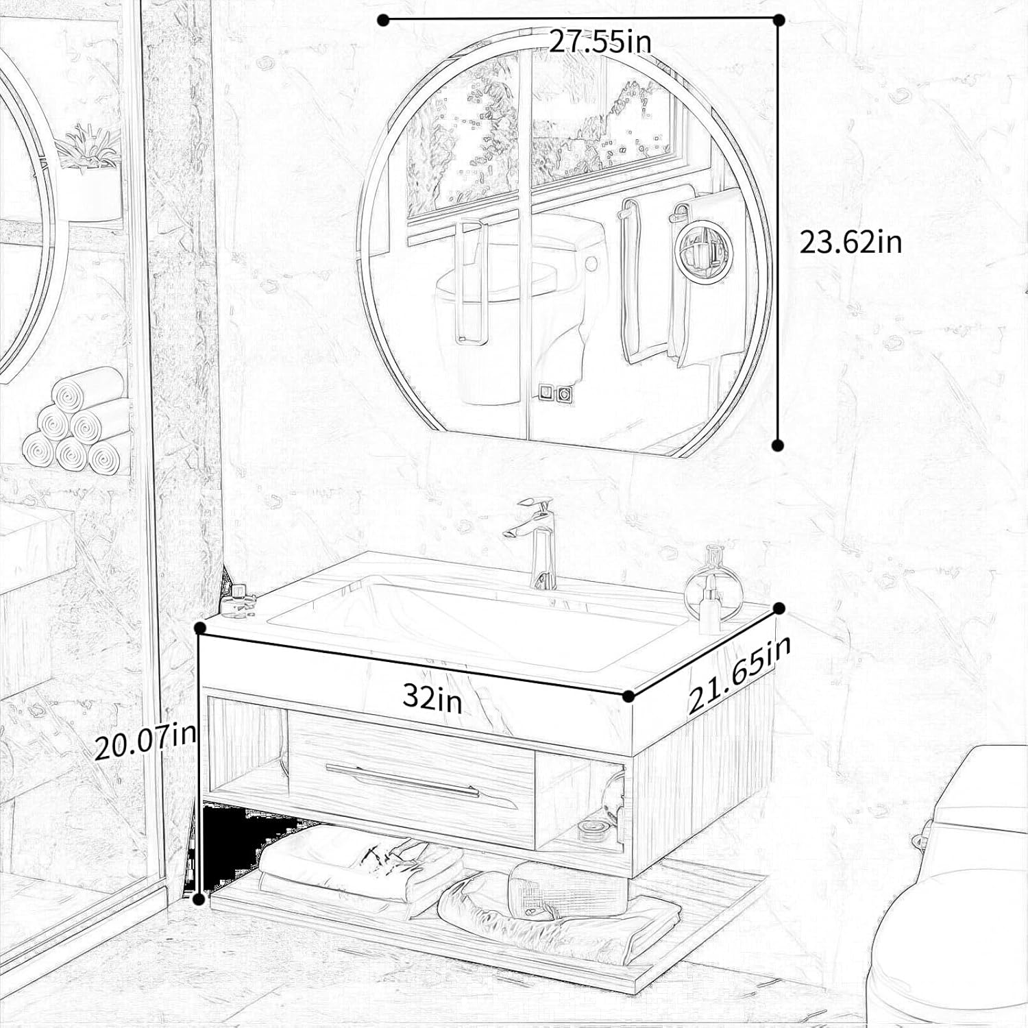 Bathroom Vanity with Sink - Stylish Floating Bathroom Vanity Cabinet, Equipped with Round Smart Defog Mirror, Tri-Color Light Switch (Black, 32")