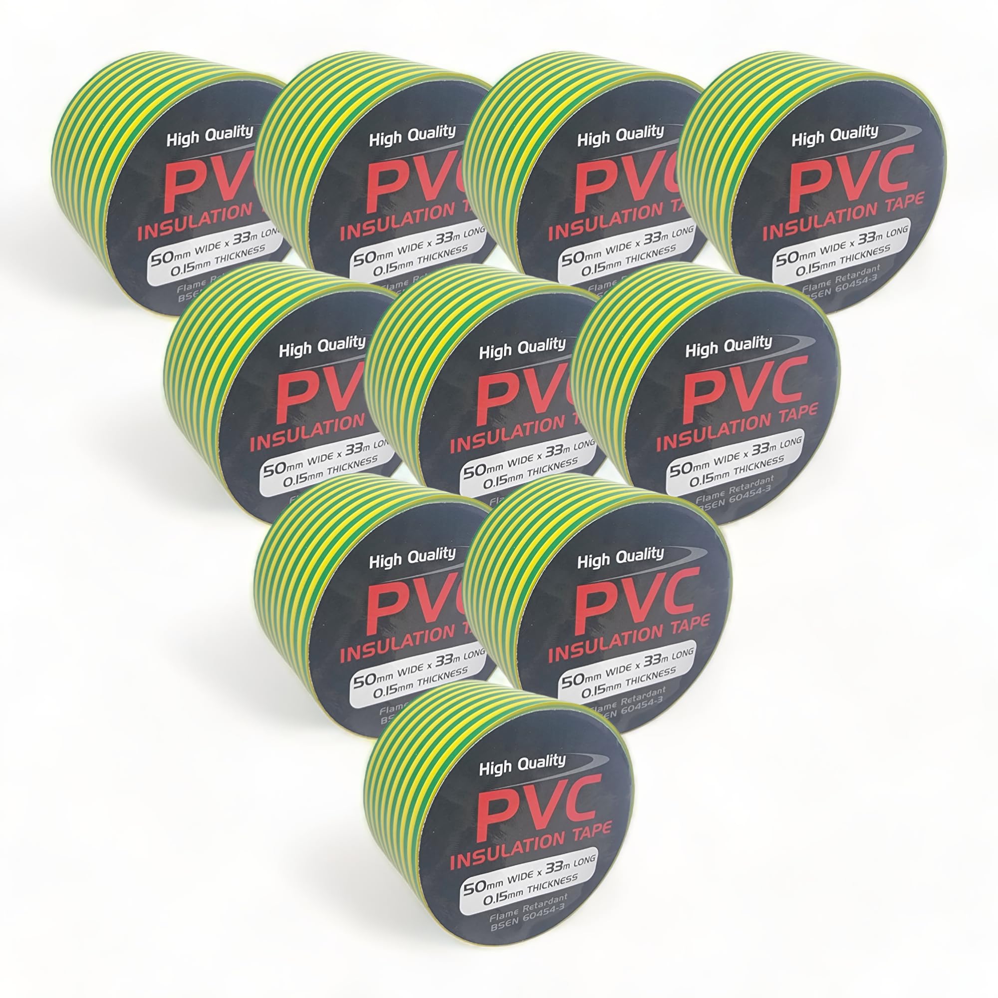 10 Rolls of Green/Yellow (Earth) PVC Electrical Insulation Tape, 33m Long x 50mm Wide, Adhesive Insulating Tape for Protecting Electrical Wires