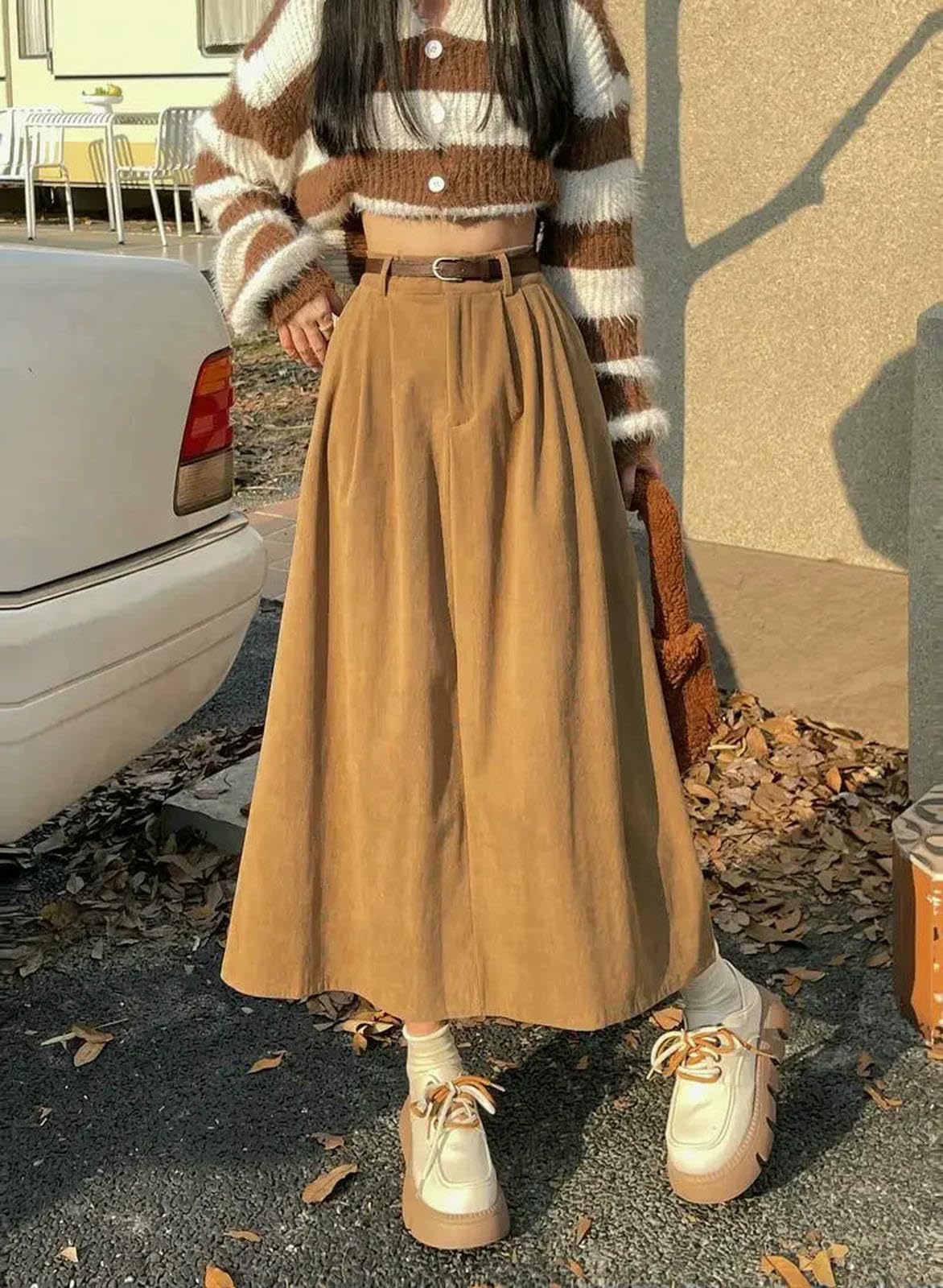 Langer Rock Damen Brauner Für Damen, Herbst Und Winter, Schwarzer Cord-Langrock Mit Hoher Taille, Plissierte A-Linien-röcke Im College-Stil-braun-l
