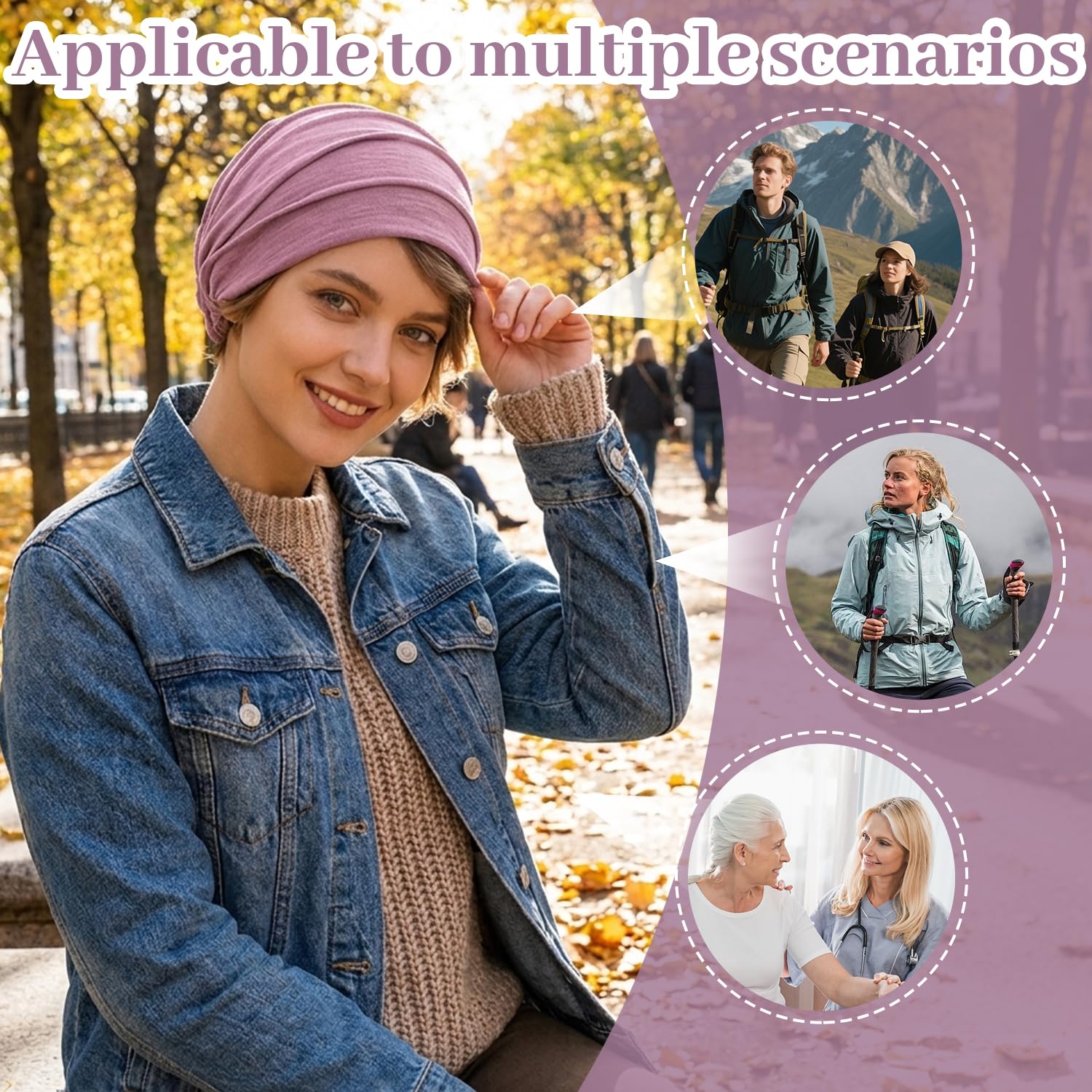 Pack de 2 Turbantes de Algodón para Mujer, Gorros Quimioterapia Transpirables, Pañuelo de Cabeza para Pérdida de Cabello (Rosa y Púrpura)