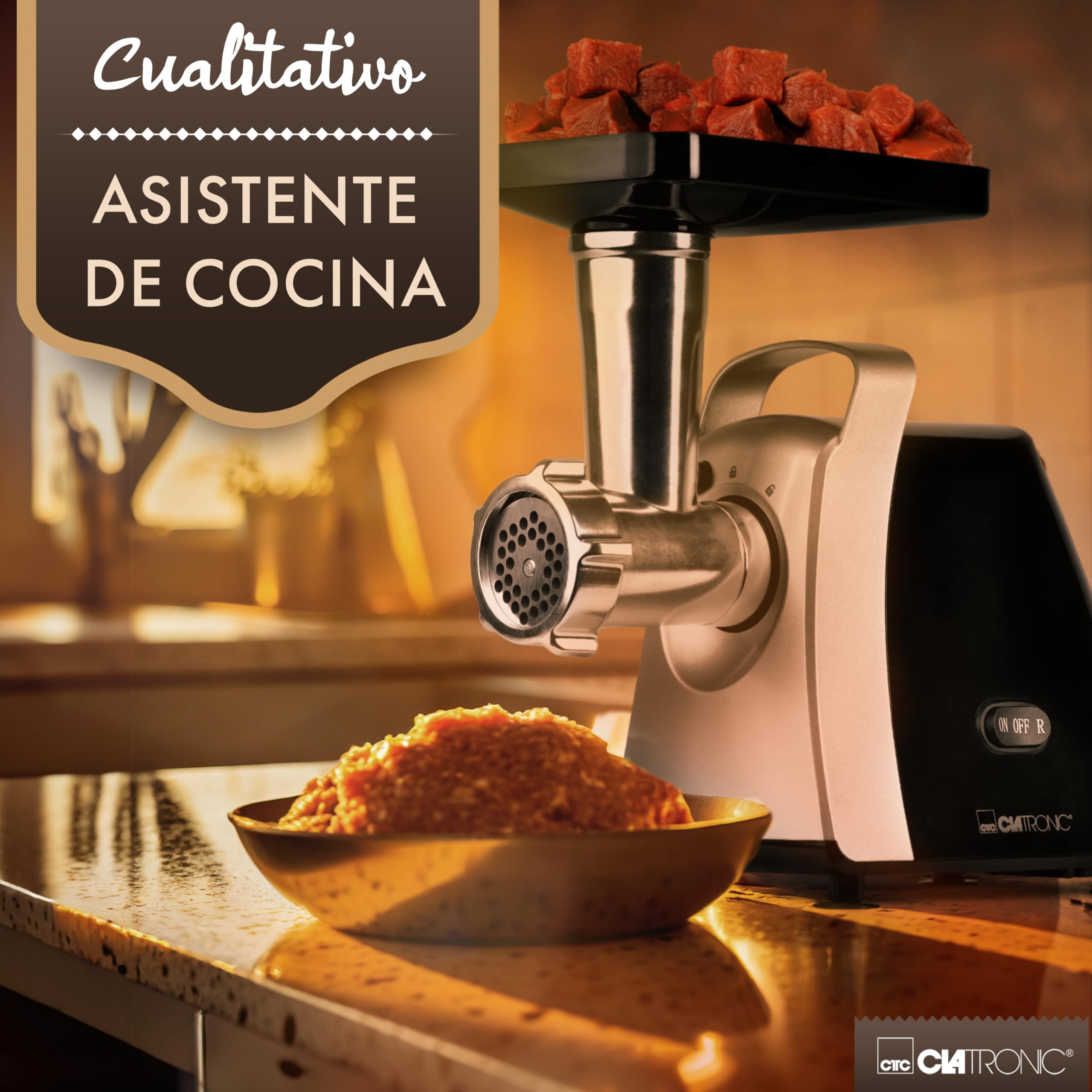 Picadora Clatronic® 1000W | con accesorio para galletas/pastelería | 3 discos metálicos perforados | marcha adelante y marcha atrás | incl. embutidora | cuello metálico y sinfín | FW 3803