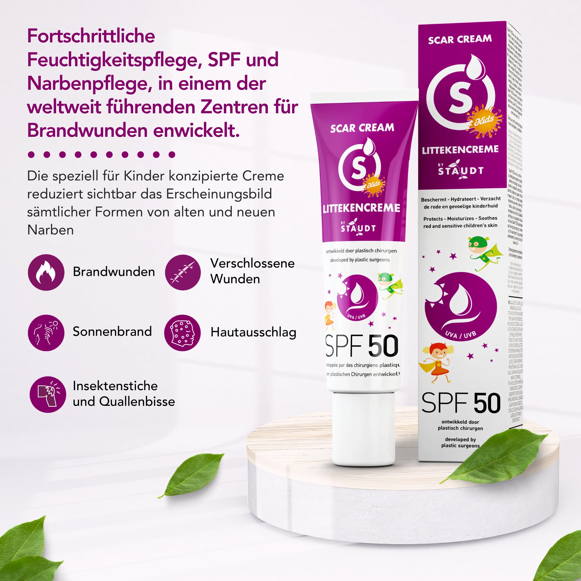 Staudt Kinder Narbensalbe SPF50 - Pädiatrisches Silicone Gel für empfindliche Haut - Hydratisierende Wund- und Heilsalbe mit Allantoin & Aloe Vera - UV-Schutz - 40ml