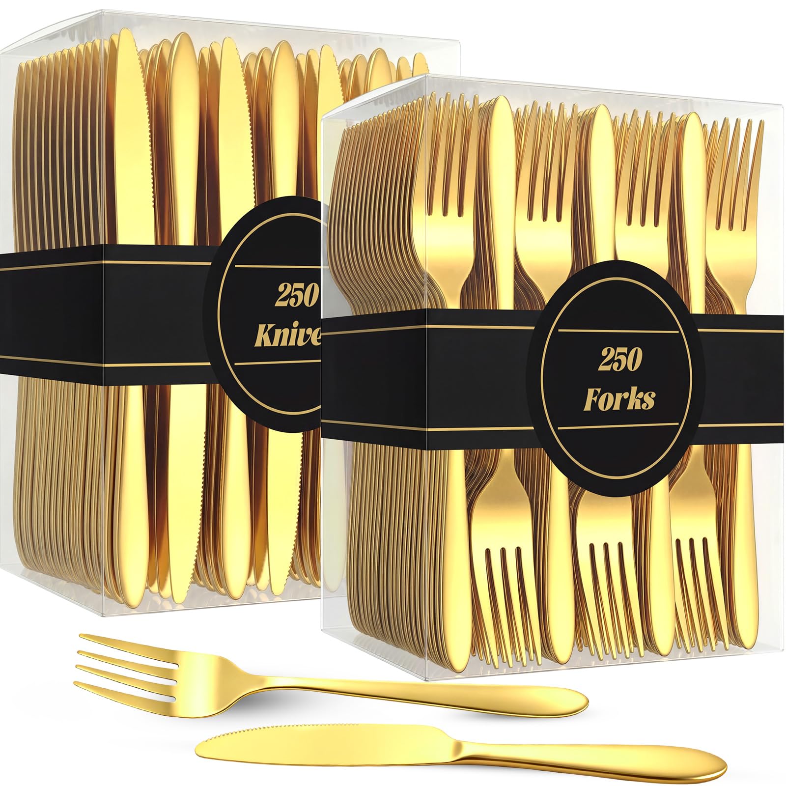 Photo 1 of Nuenen 500 Pcs Forks and Knives Bulk Set Stainless Steel Silverware 250 Dinner Fork 250 Steak Knives Metal Flatware Tableware Cutlery Set for Home Restaurant, Mirror Polished, Dishwasher Safe (Gold)