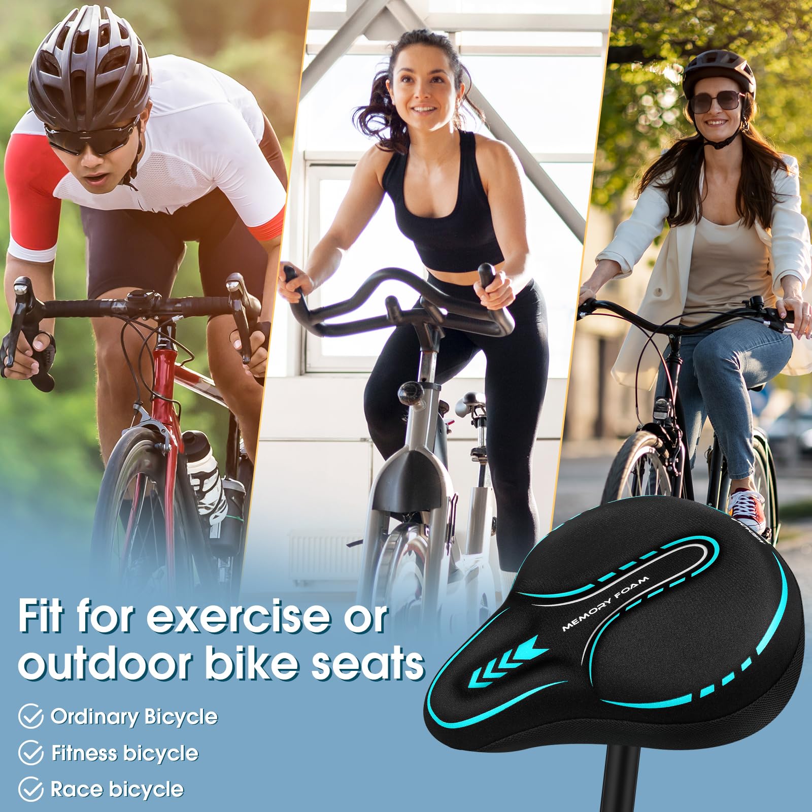 MSDADA Funda grande de gel acolchada para asiento de bicicleta, cojín suave para hombres y mujeres, cómodos accesorios de bicicleta para ciclismo en interiores y exteriores (cian)