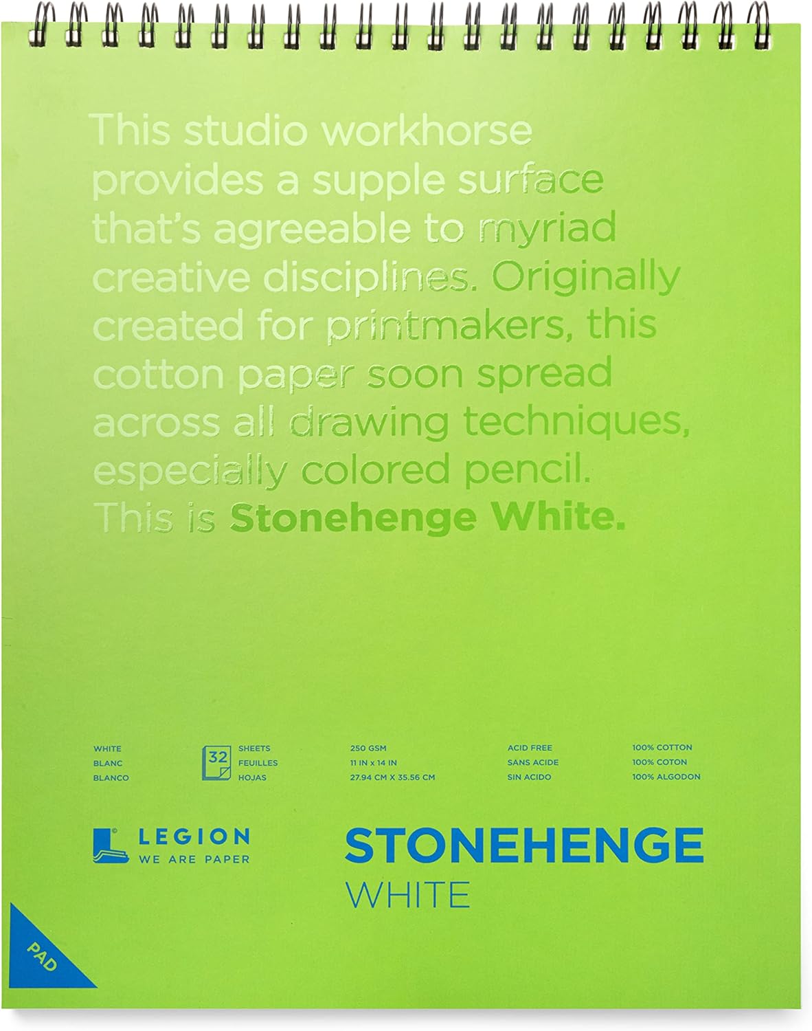 Stonehenge 100% Cotton Medium Weight Spiral Journal, White, 11 x 14 inches, 250gsm, 32 Sheets for Dry Media