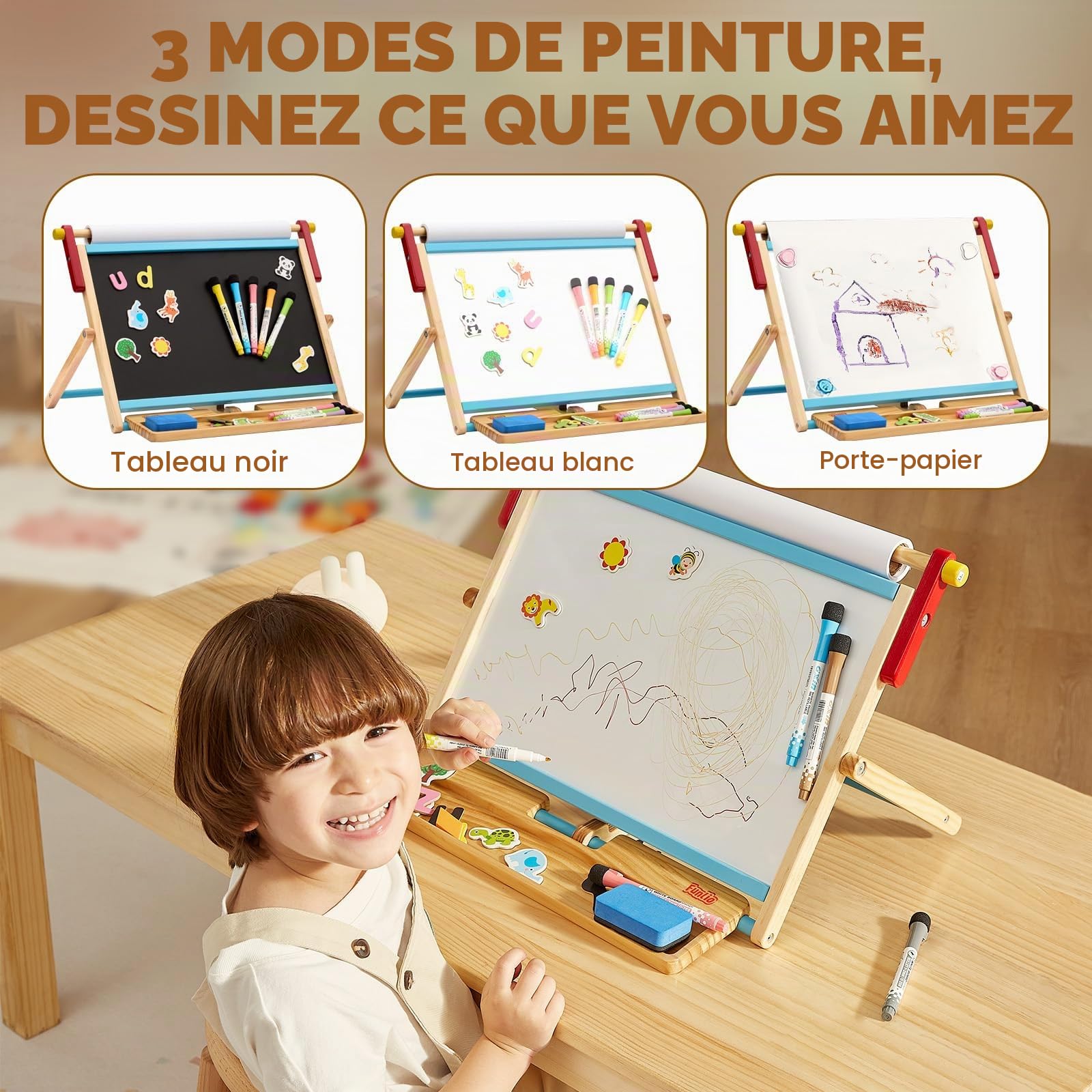FUNLIO Chevalet de table en bois anti-déformation pour enfants à partir de 3 ans (plus de 100 pièces), chevalet magnétique double face avec 3 angles réglables, chevalet pour enfants, pliable - Bleu