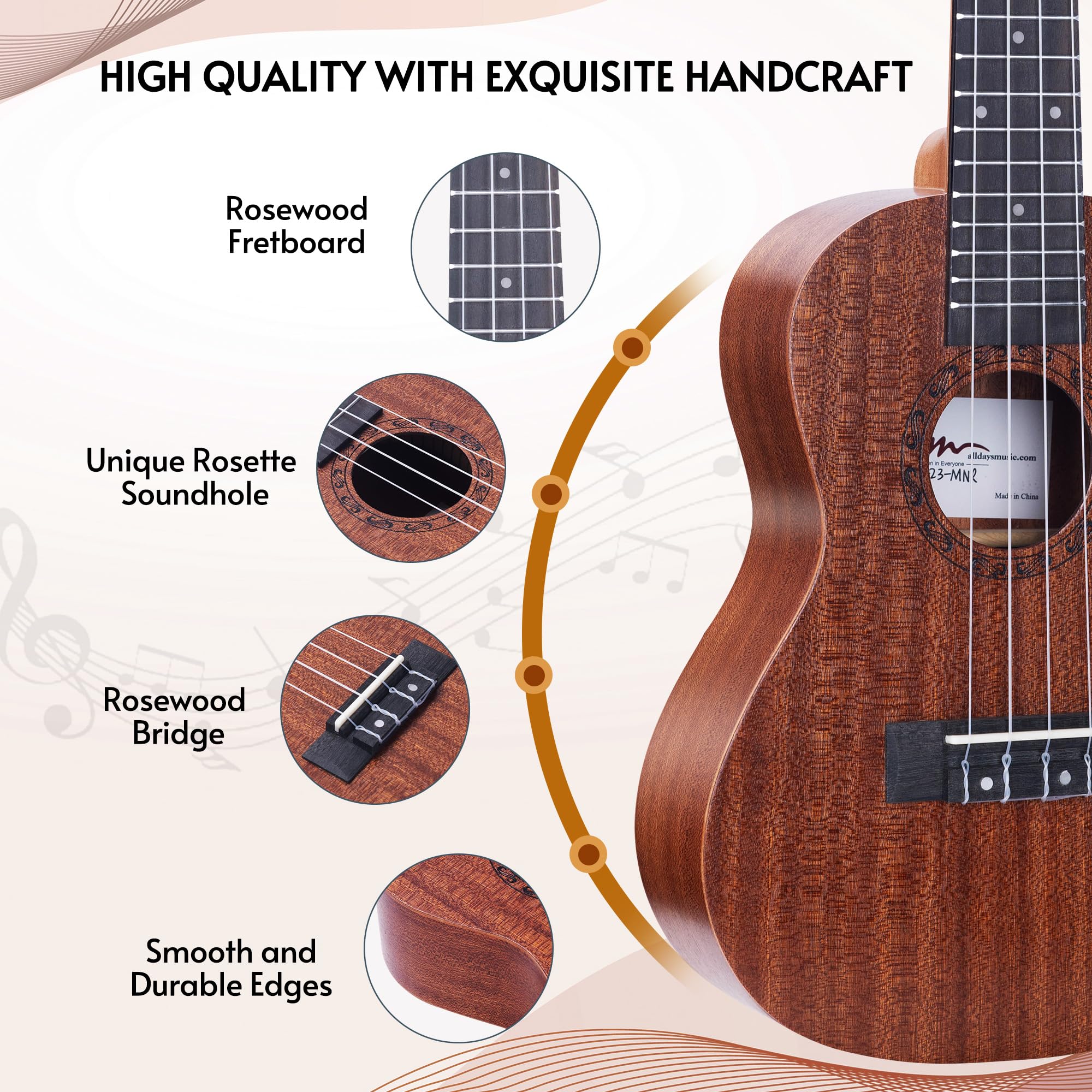ADM Ukulele-Anfänger-Set, Mahagoni-Hawaii-Holz, Ukulelee-Set mit Ukulele, Starterunterricht für Kinder, Studenten und Erwachsene, Gelbbraun (Khaki, 58,4 cm)